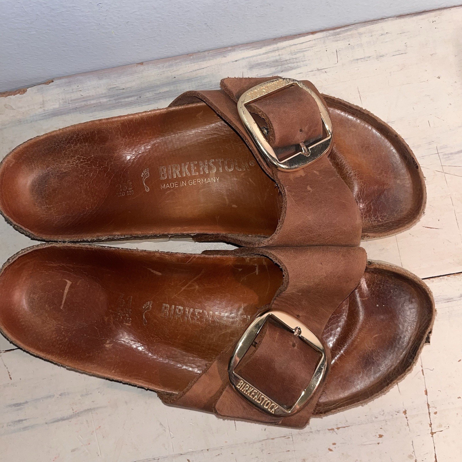 Birkenstock Madrid Big Buckle Leather Sandal Cognac Brown Gold Womens Size 41