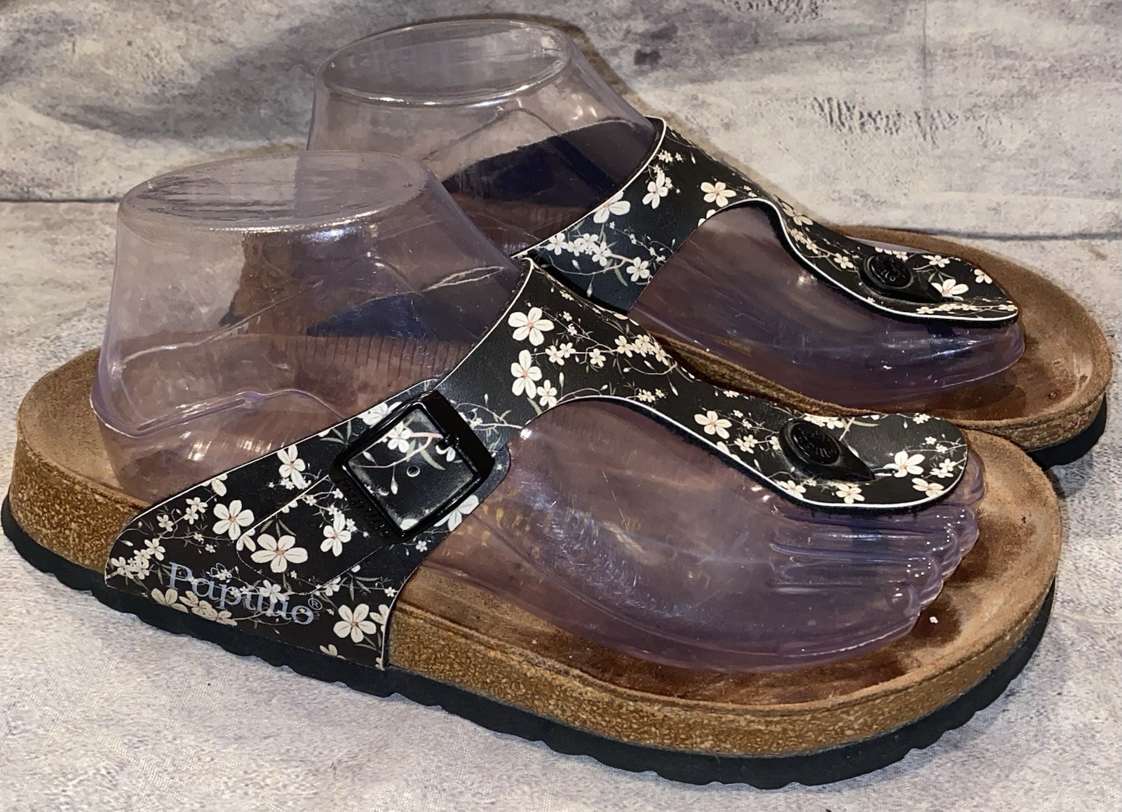 WORN 2x Birkenstock Papillio Gizeh Vegan Floral Print Sandals Slip On L 7 38 Vtg