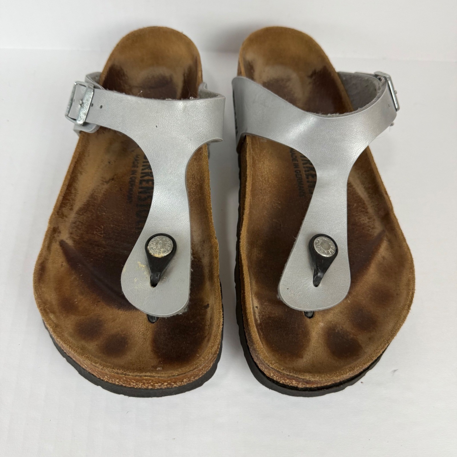 Birkenstock Gizeh Silver Birko-Flor Thong Sandals Womens 38 Made in Germany
