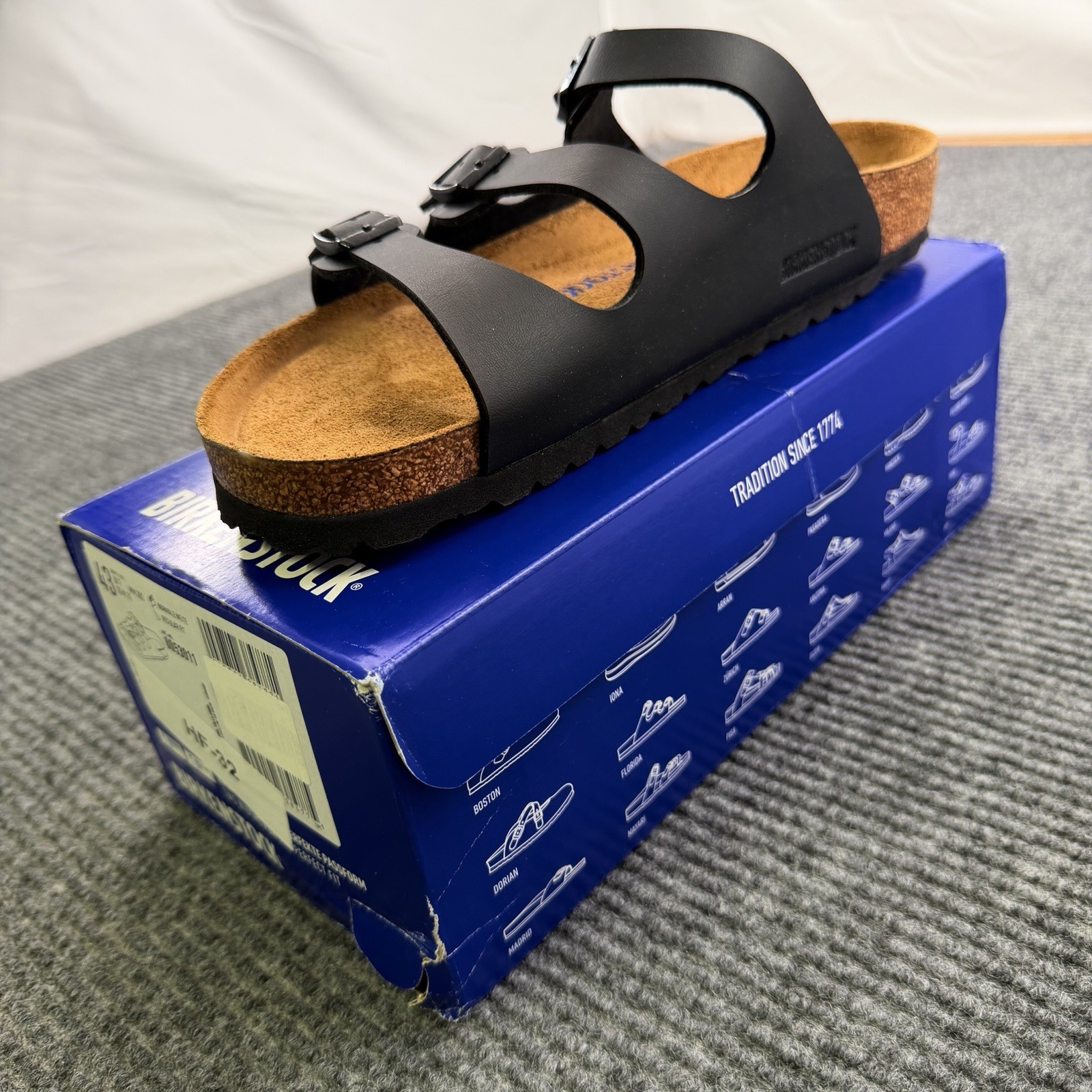 Birkenstock Florida Men’s Size 10 Black Three Strap Cork Regular Fit New In Box