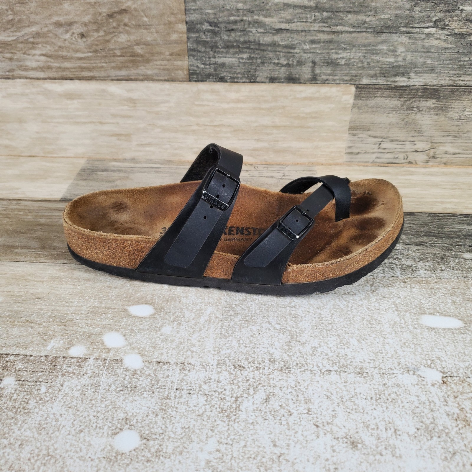 Birkenstock Mayari Thong Sandals Womens Sz 6 Black Leather Birko-Flor Footbed