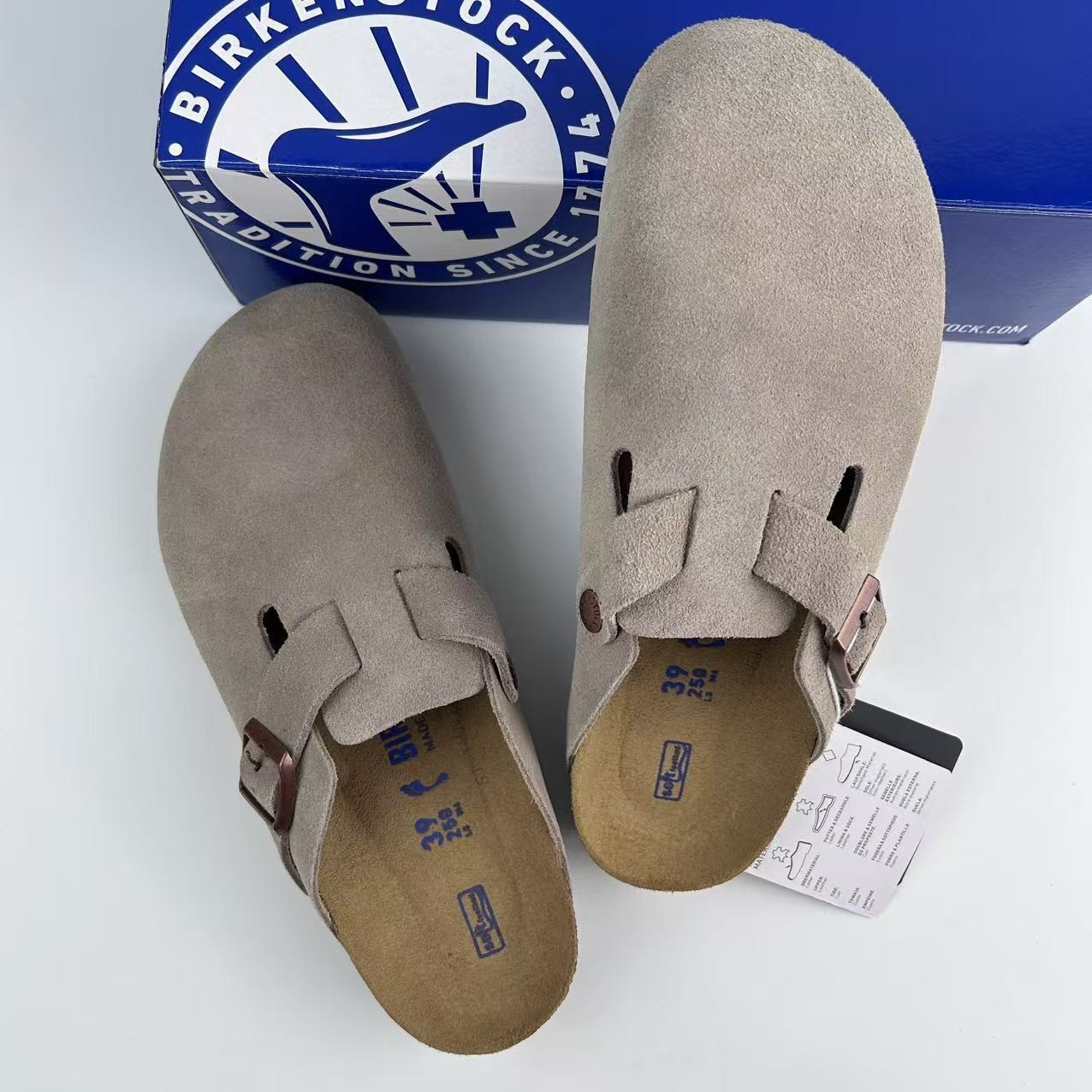 New w/box Birkenstock Boston Soft Footbed Taupe Suede Unisex Shoes Narrow EU 39