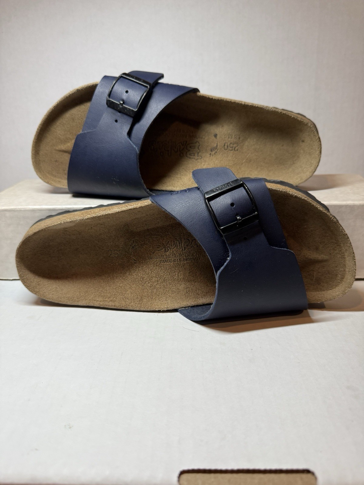 Birki’s By Birkenstock Madrid Sandals 39 US 8 Navy Leather Cork Footbed NWOB