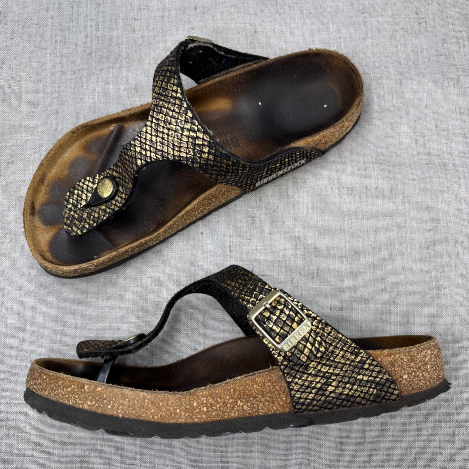 Birkenstock Gizeh Sandals Black Gold Snakeskin Embossed Birko-Flor  Womens EU 39