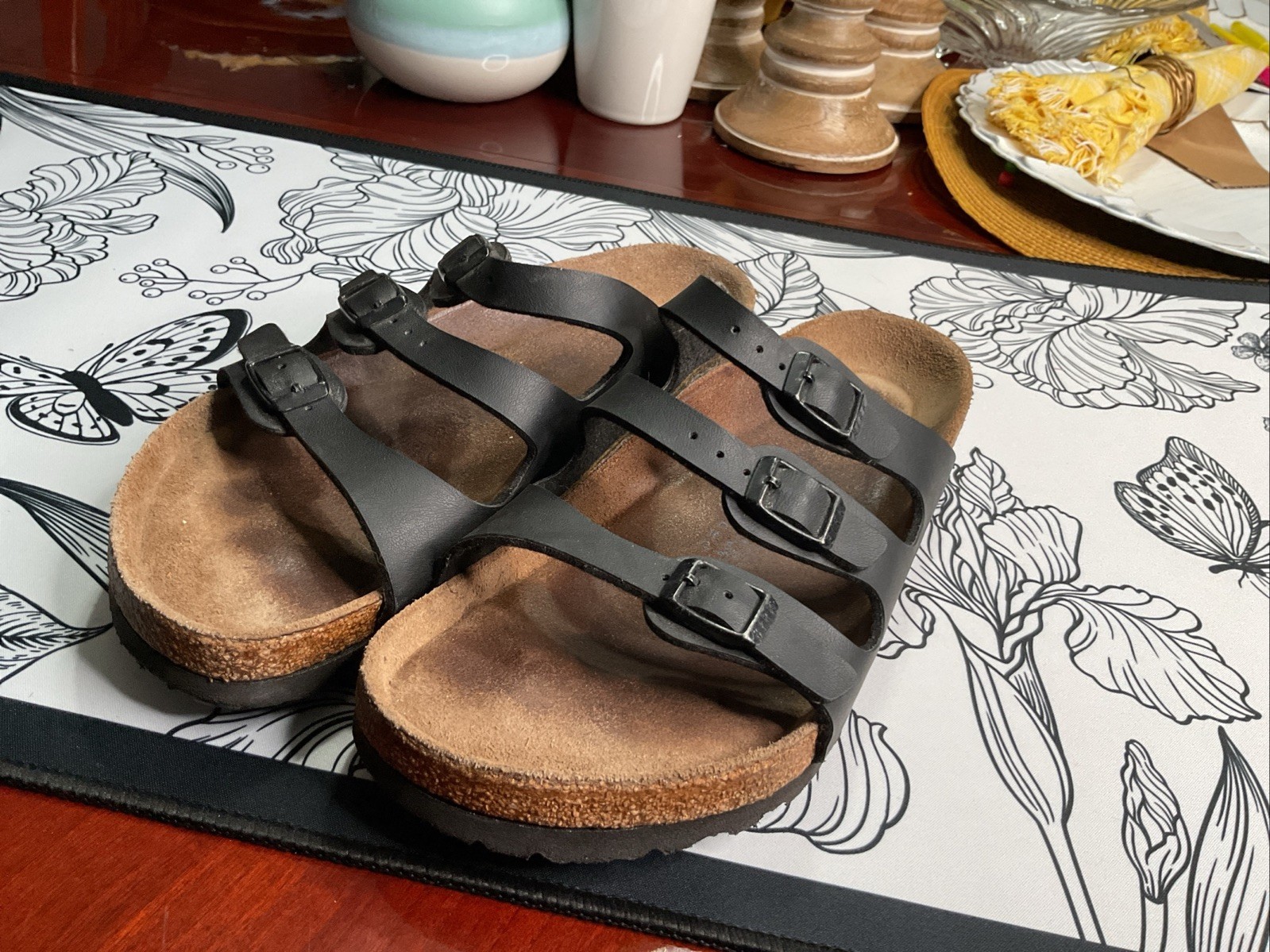 Birkenstock Florida Birko Flor Three Strap Silver Leather Sandals size 38