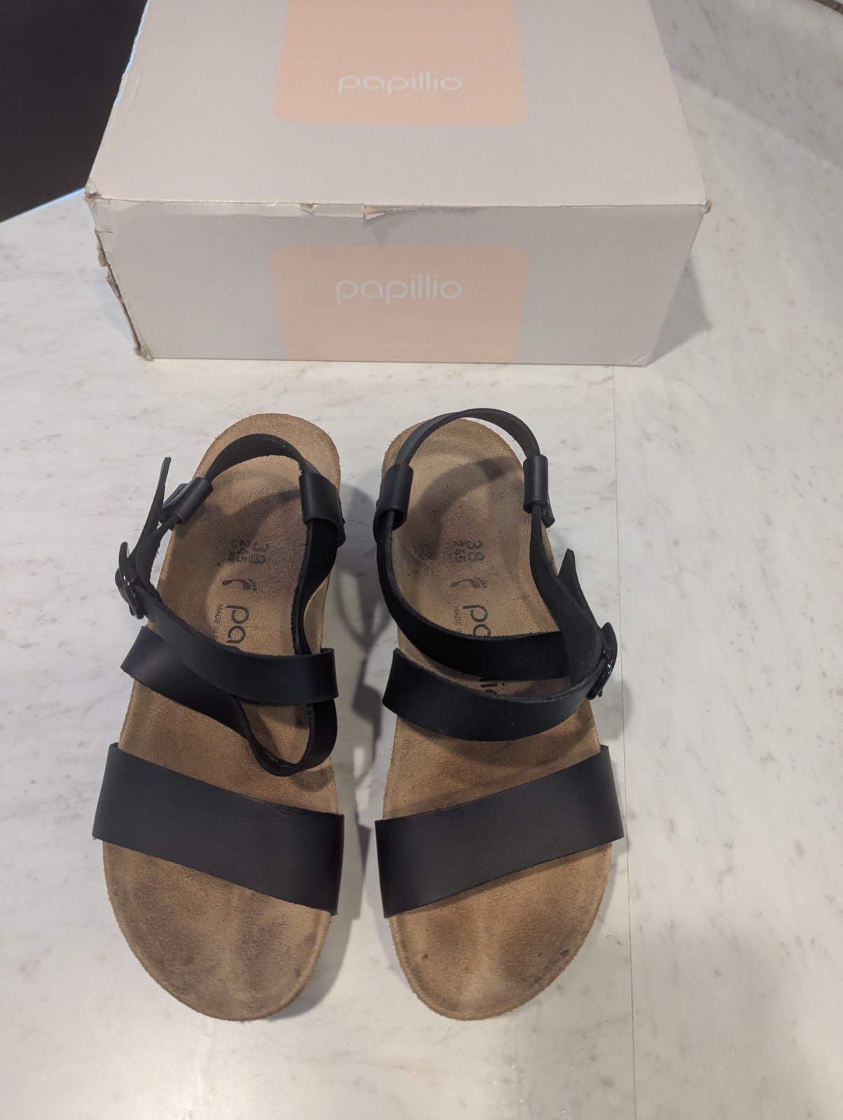 EUC Birkenstocks papillio Sibyl cork leather black buckle sandal size 7 NARROW