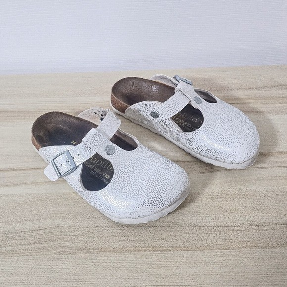 Birkenstock Papillio Mary Jane White Silver Printed Mule Clogs Size 36