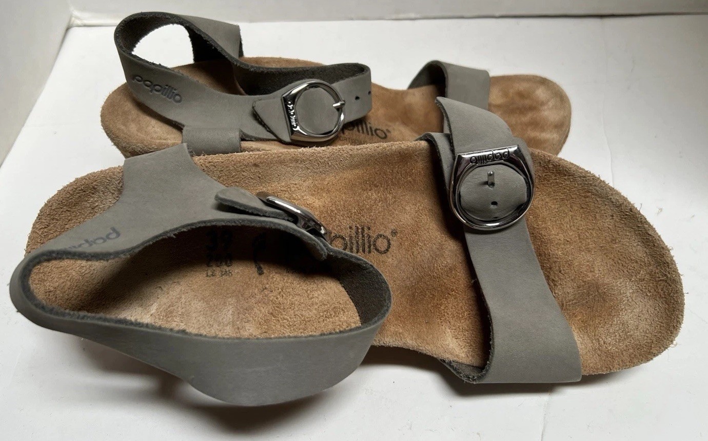 Birkenstock Papillio Soley Ring Buckle Nubuck Leather Wedge Sandals Dove Gray 39