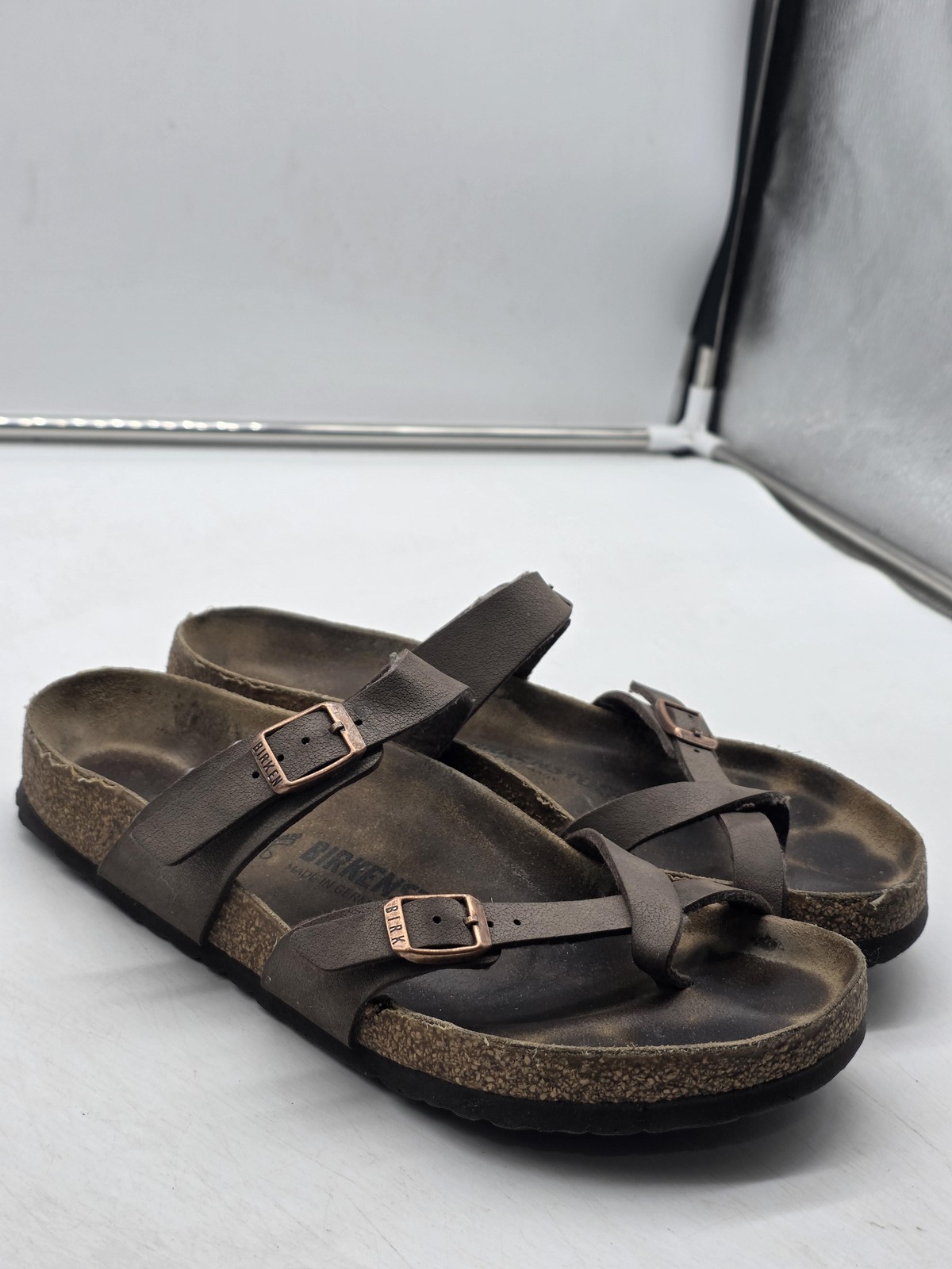 Birkenstock Mayari Sandals Womens Size 9 Brown Strap Toe Loop Cork Shoes Slide