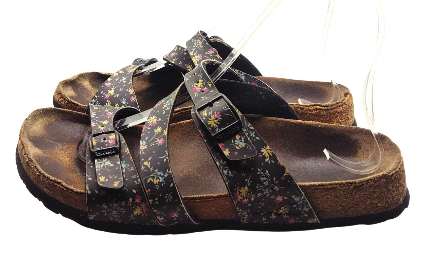 Birkenstock Women’s Size 7  Black Floral Arizona Double-Strap Cork Sandal Shoes