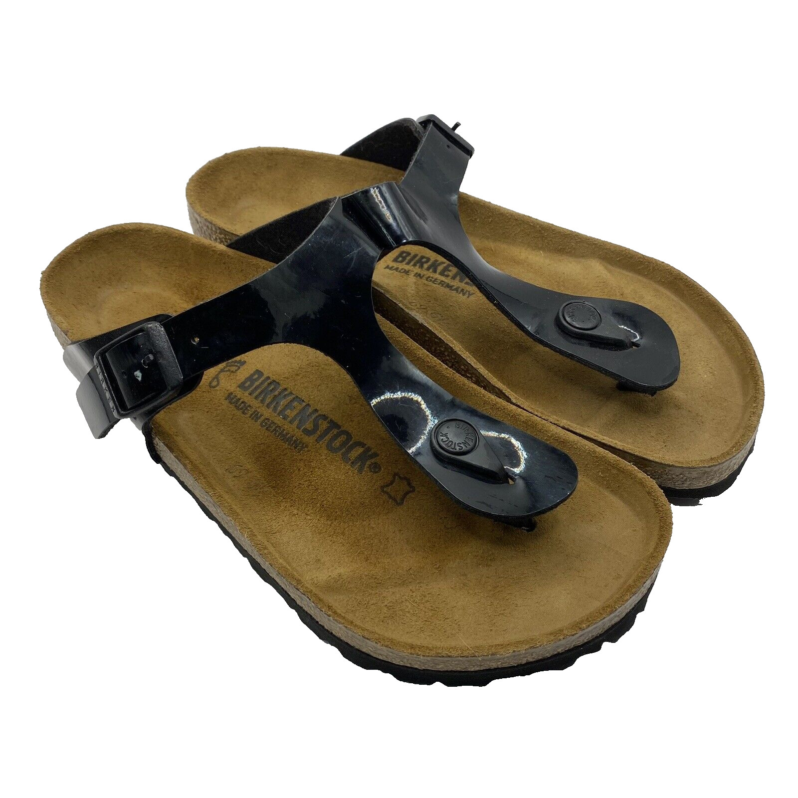 Birkenstock Black Faux Patent Leather Gizeh Sandals Made in Germany Sz EU 37 W6