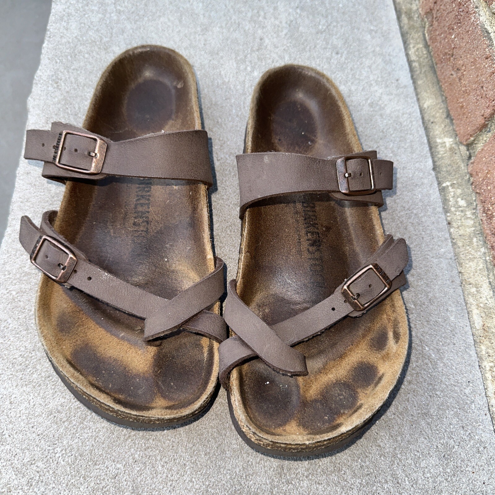 Birkenstock Mayari Birko Flor Mocca Leather Toe Ring Sandals Ladies 37