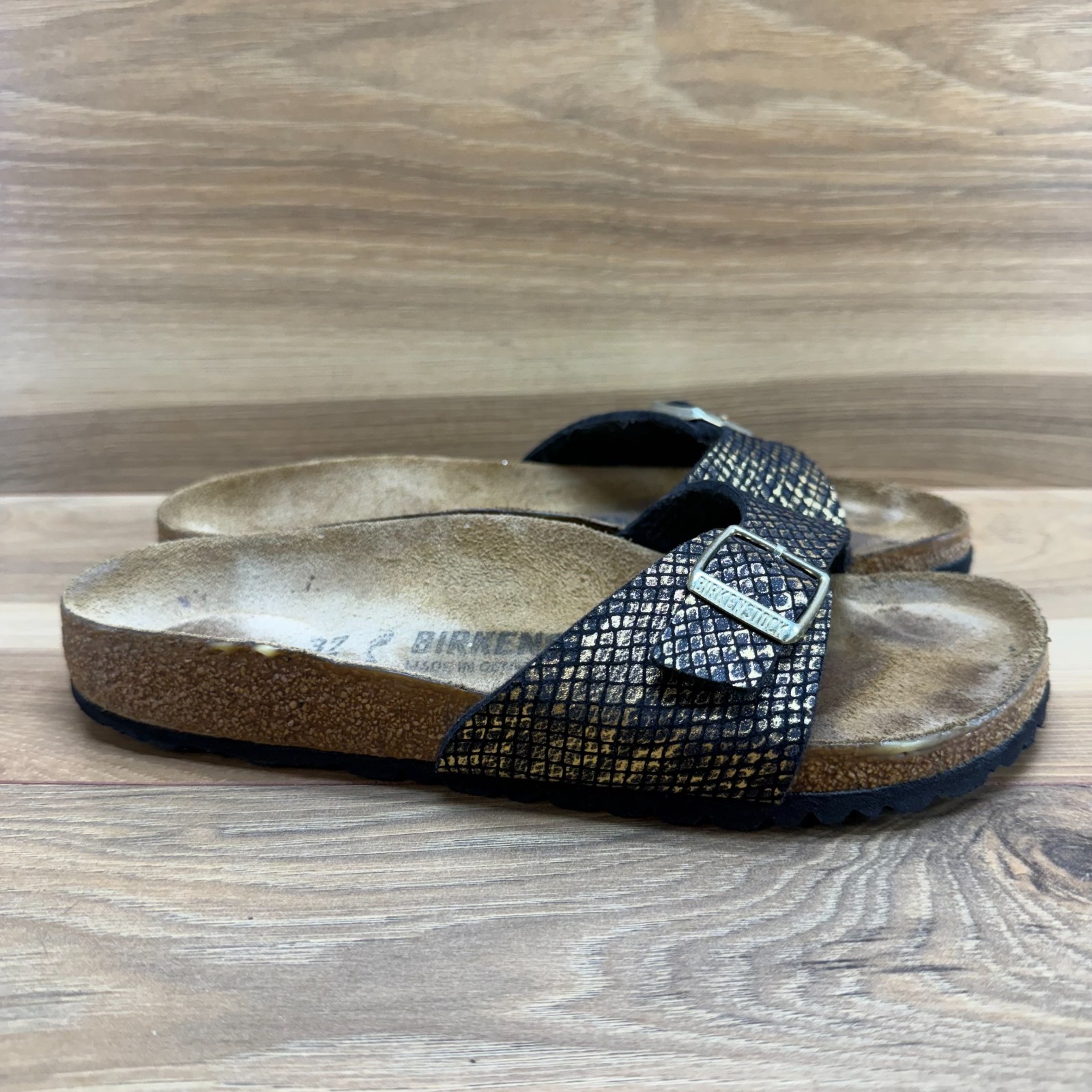 Birkenstock Madrid Sandals Womens 6 N EU 37 Black Gold Snake Print Slides