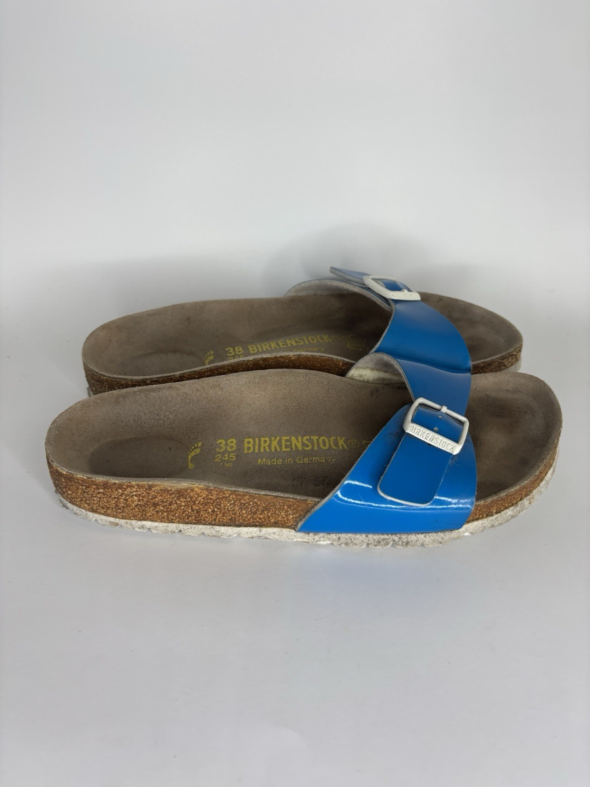 Birkenstock Madrid Blue Patent Leather Slides Sandals Women Sz 38EU/7-7.5M US