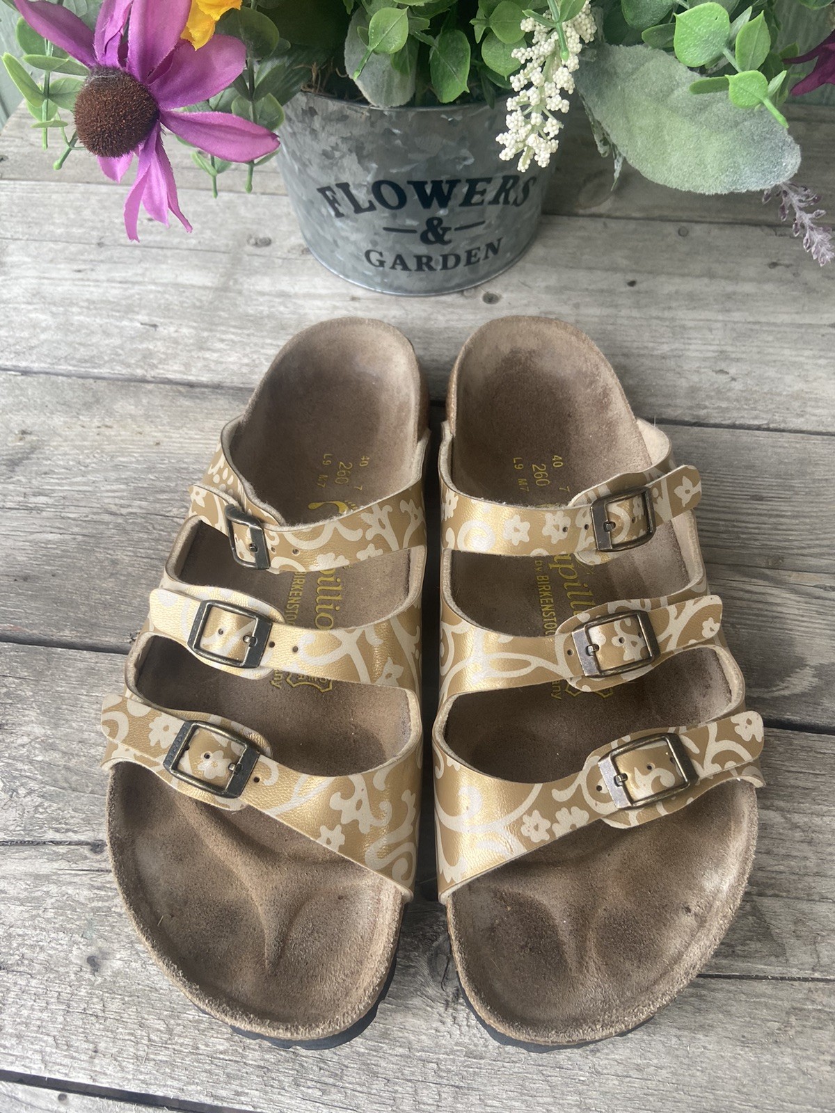 Birkenstock Papillio Metallic Floral 3 Strap Sandals Sz 40 Narrow 9 US EXCELLENT