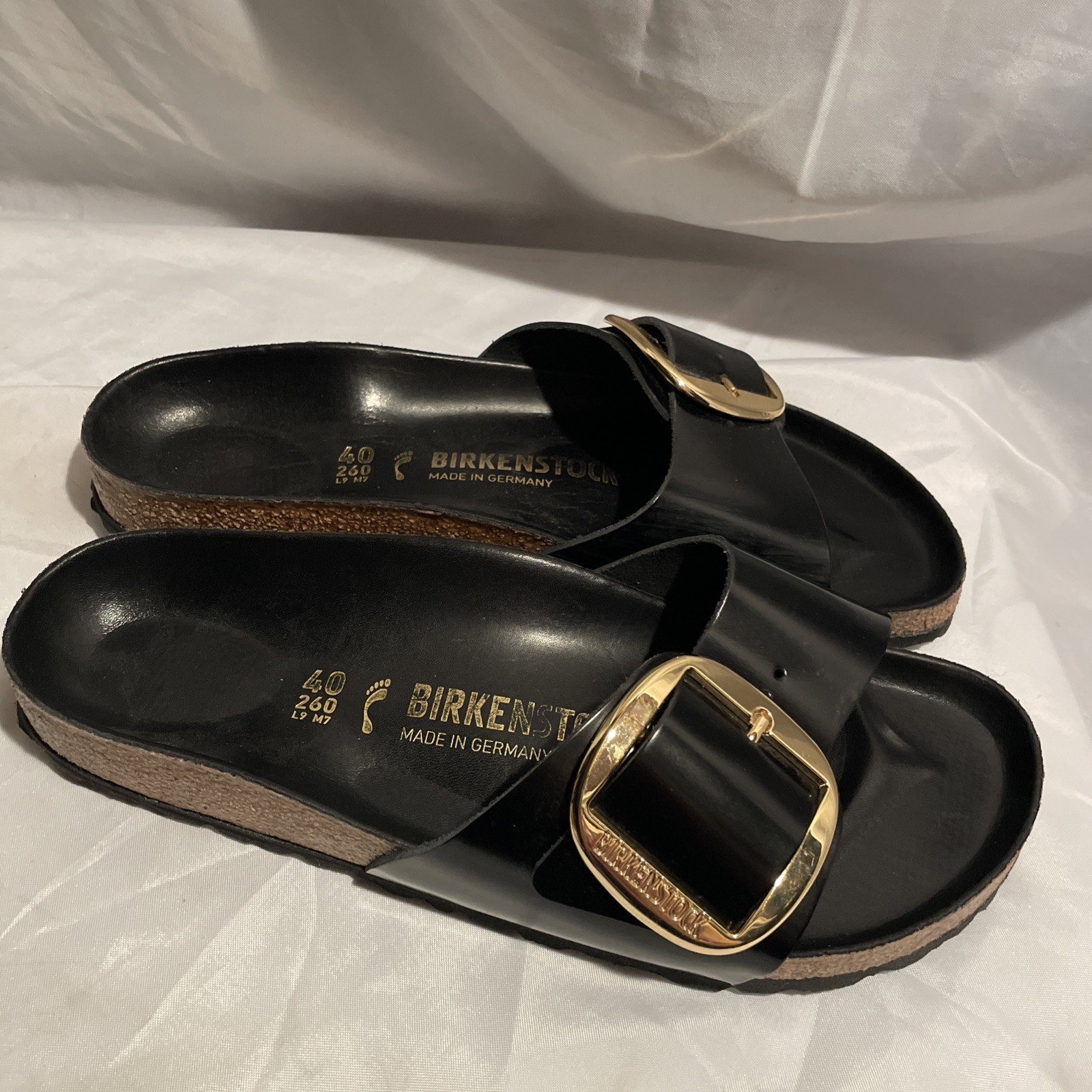 Birkenstock Madrid Big Buckle Sandals Black leather Slide Gold Sz 40 US W9  M 7