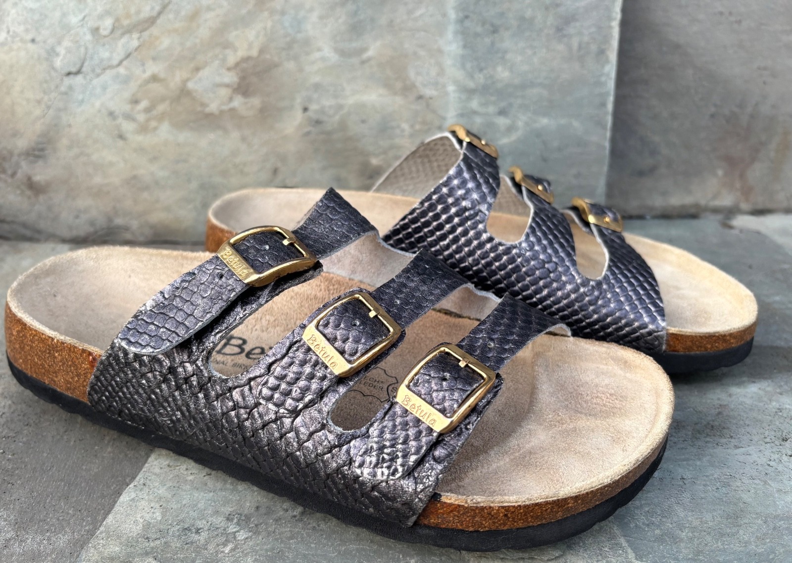 BETULA x Birkenstock FLORIDA (38/7-N)Charcoal Gray Sandal Snake Embossed Leather