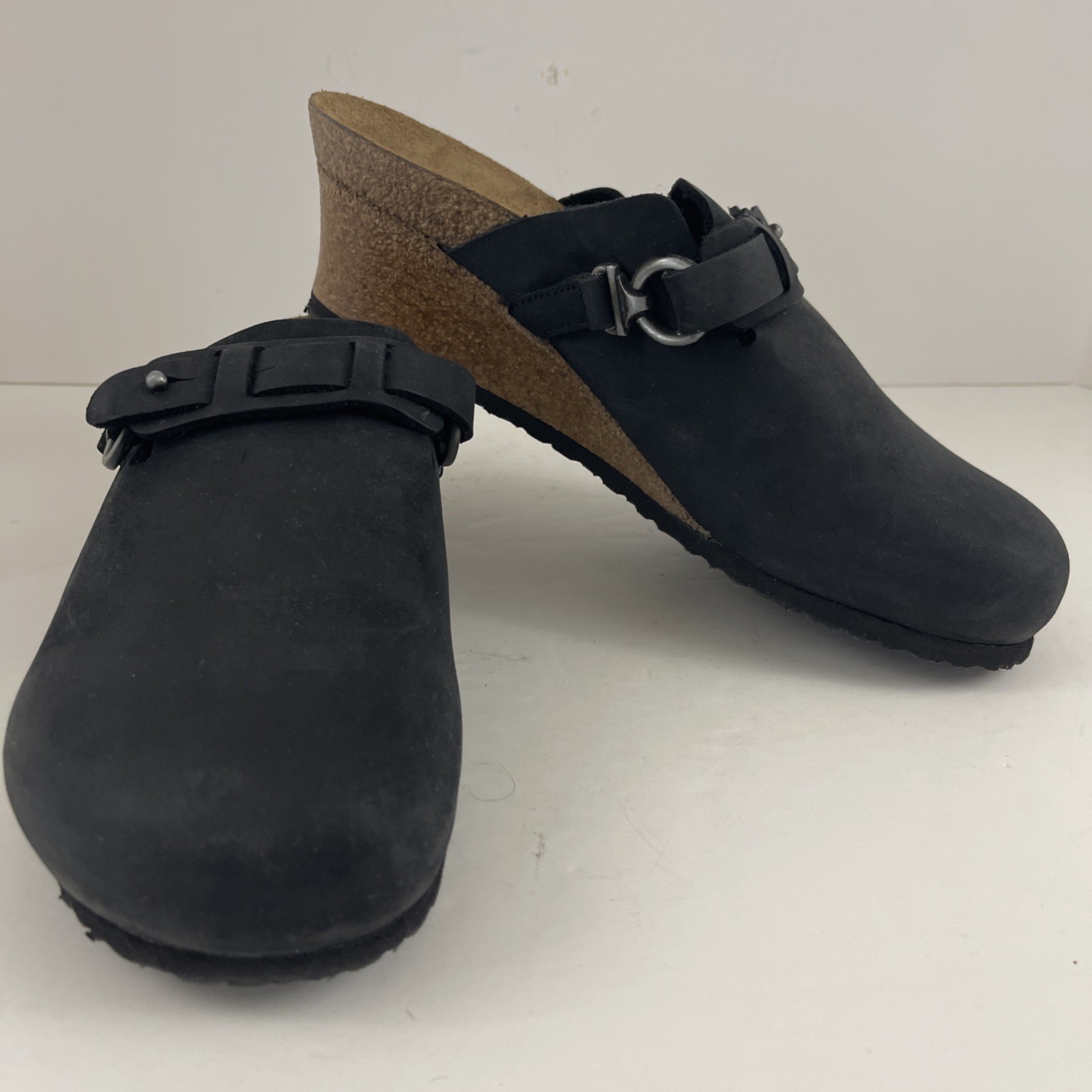 New Birkenstock Papillio Dana Black Wedge Clogs Metal Loop & Tab Cork 8-8.5/39