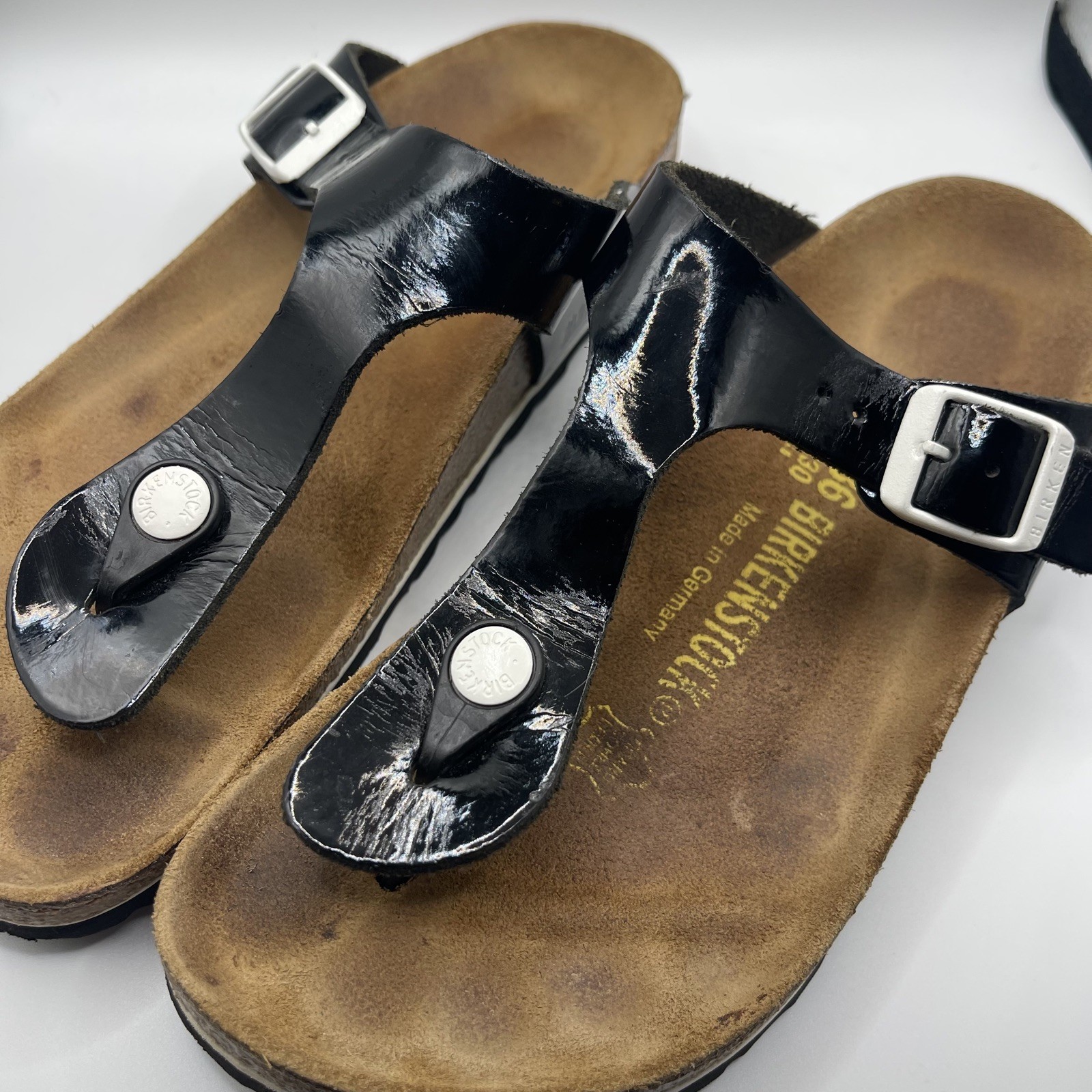 Birkenstock Gizeh Black Patent Leather White Buckle Size 36