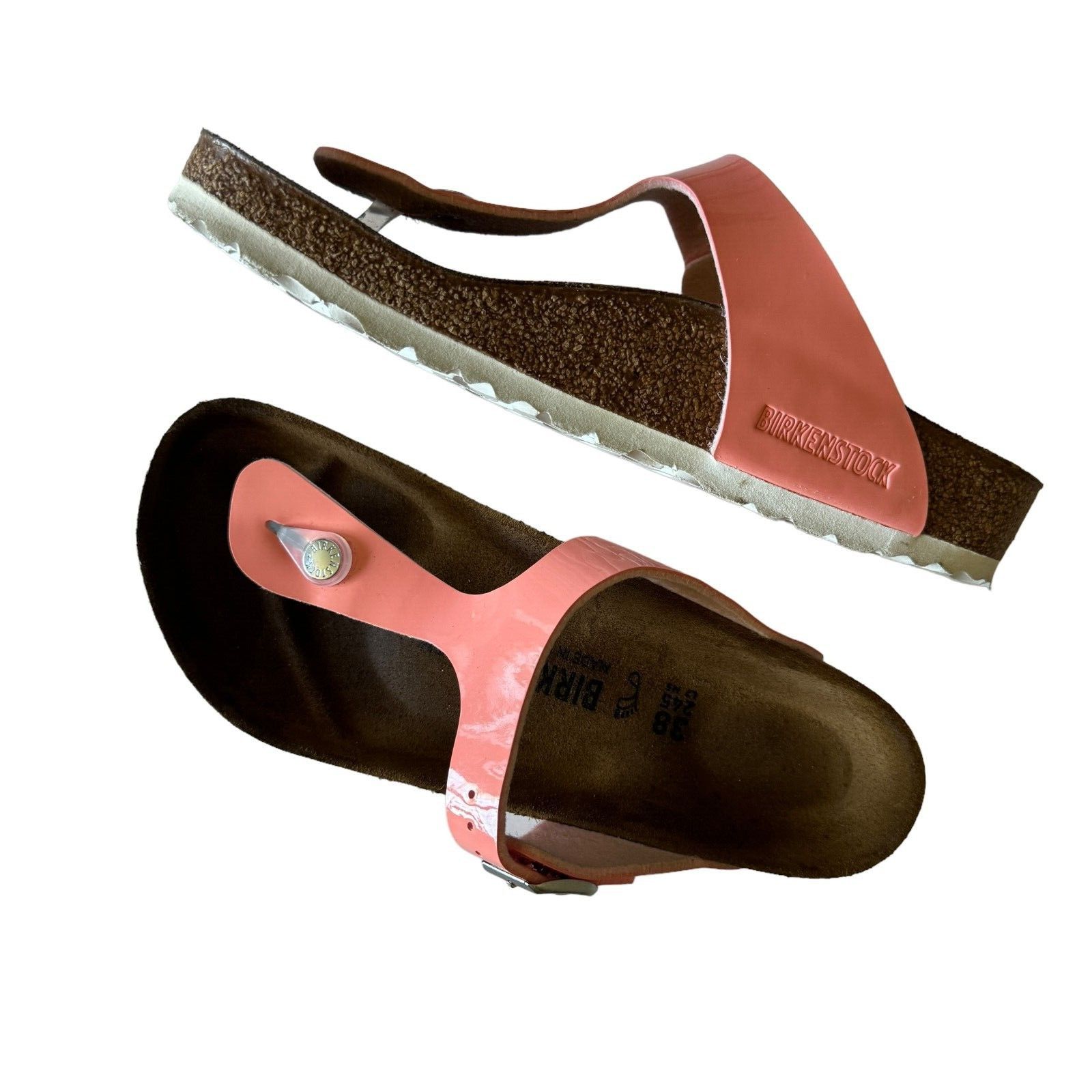 Birkenstock Sz38 US7 Gizeh BS Patent Coral Peach Vegan Summer Comfort Slip On