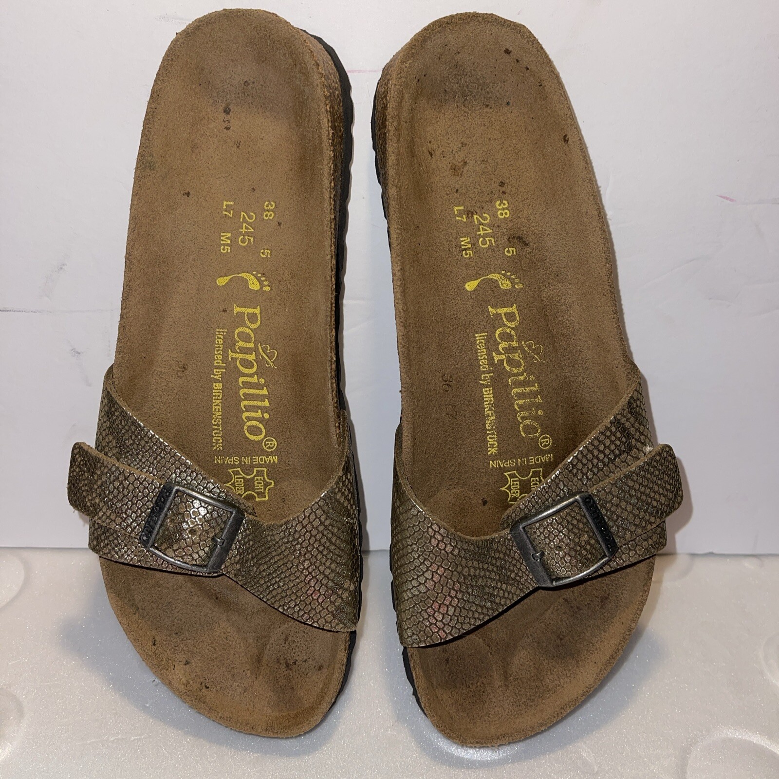 Birkenstock Sandals Papillio Madrid Gold Leather Plaid Women’s Size 7
