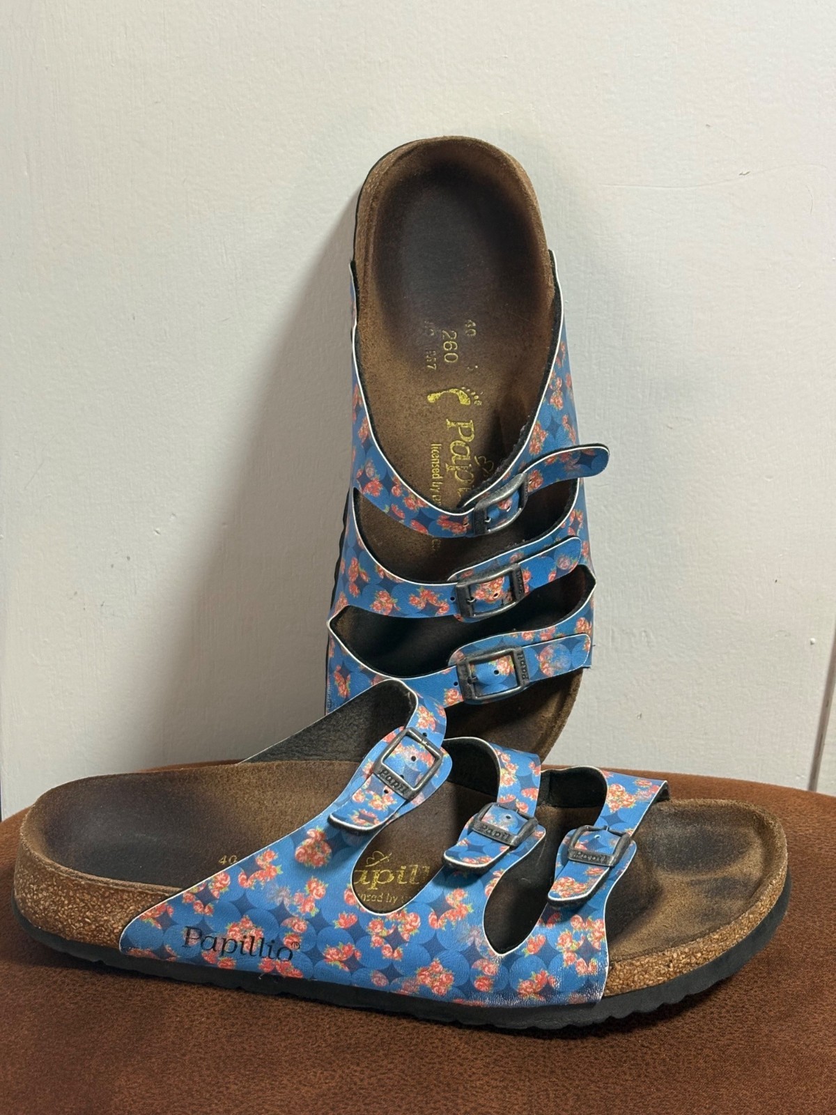 PAPILLIO BIRKENSTOCK FLORIDA BLUE FLORAL SANDALS 3 STRAPS WOMENS SIZE EU 40 US 9