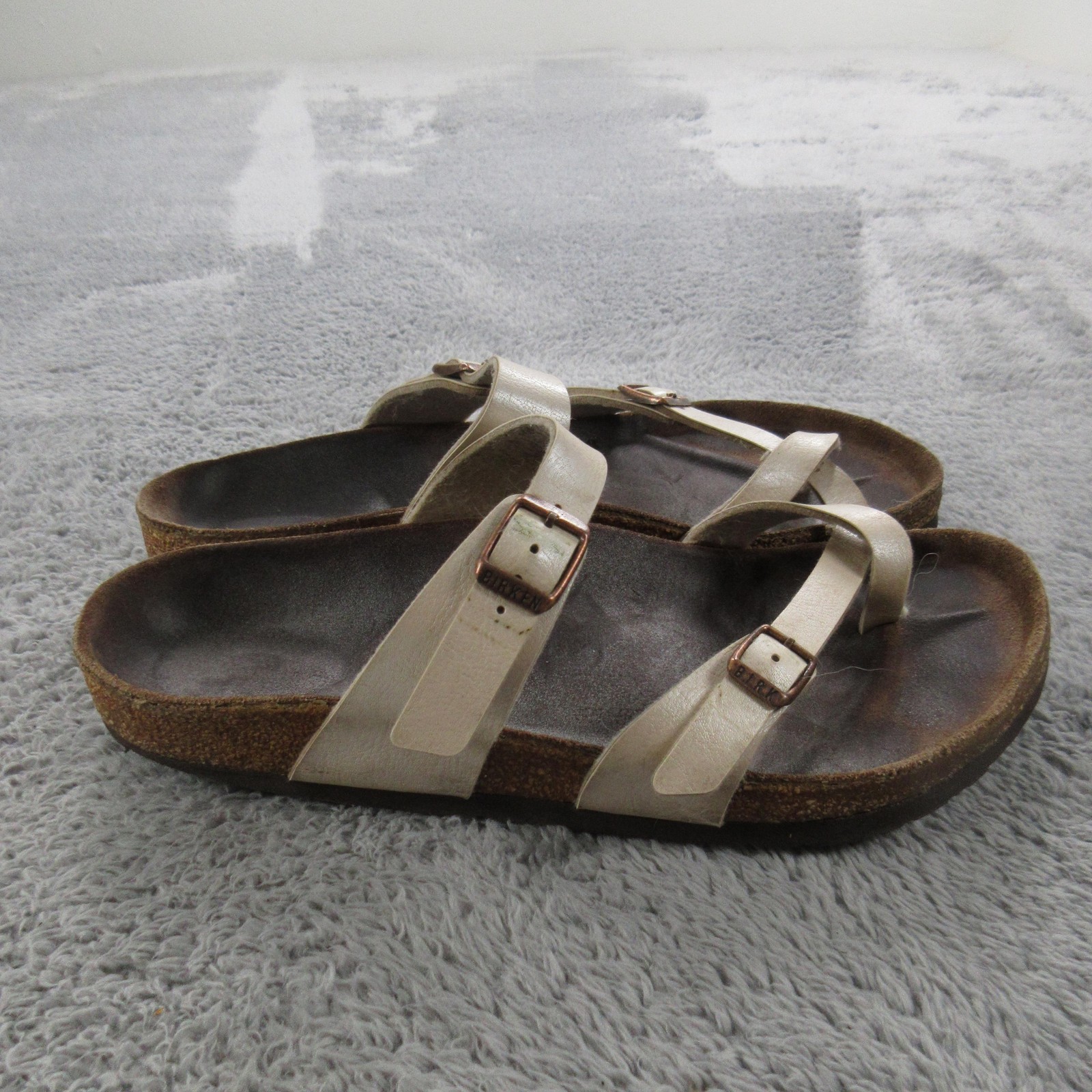Birkenstock Mayari Sandals Womens Metallic Cream Two Strap Toe Loop Cork Footbed