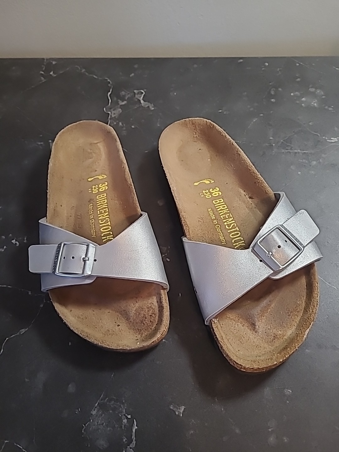Birkenstock Madrid Birko-Flor Silver Womens Leather Slide Sandals