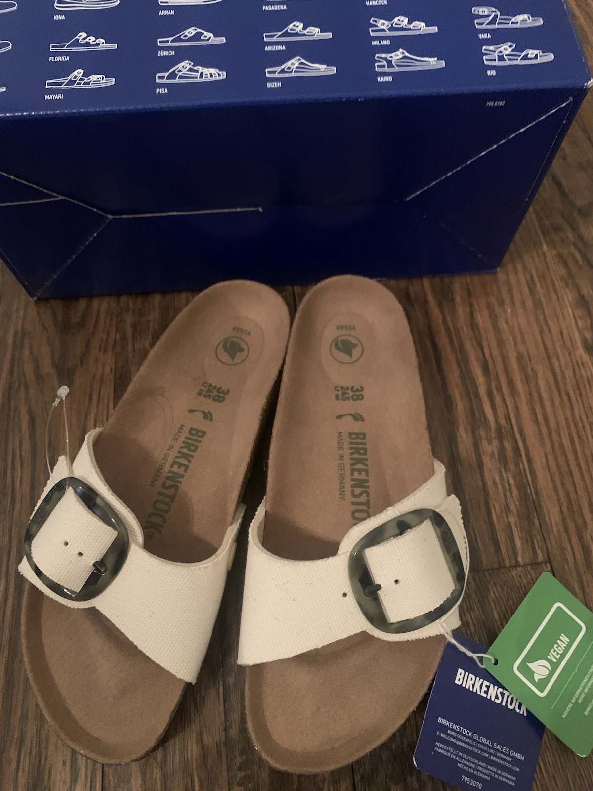 Birkenstock Madrid Big Buckle Vegan Sandals, Women 7US/38EU, Off White, NEW