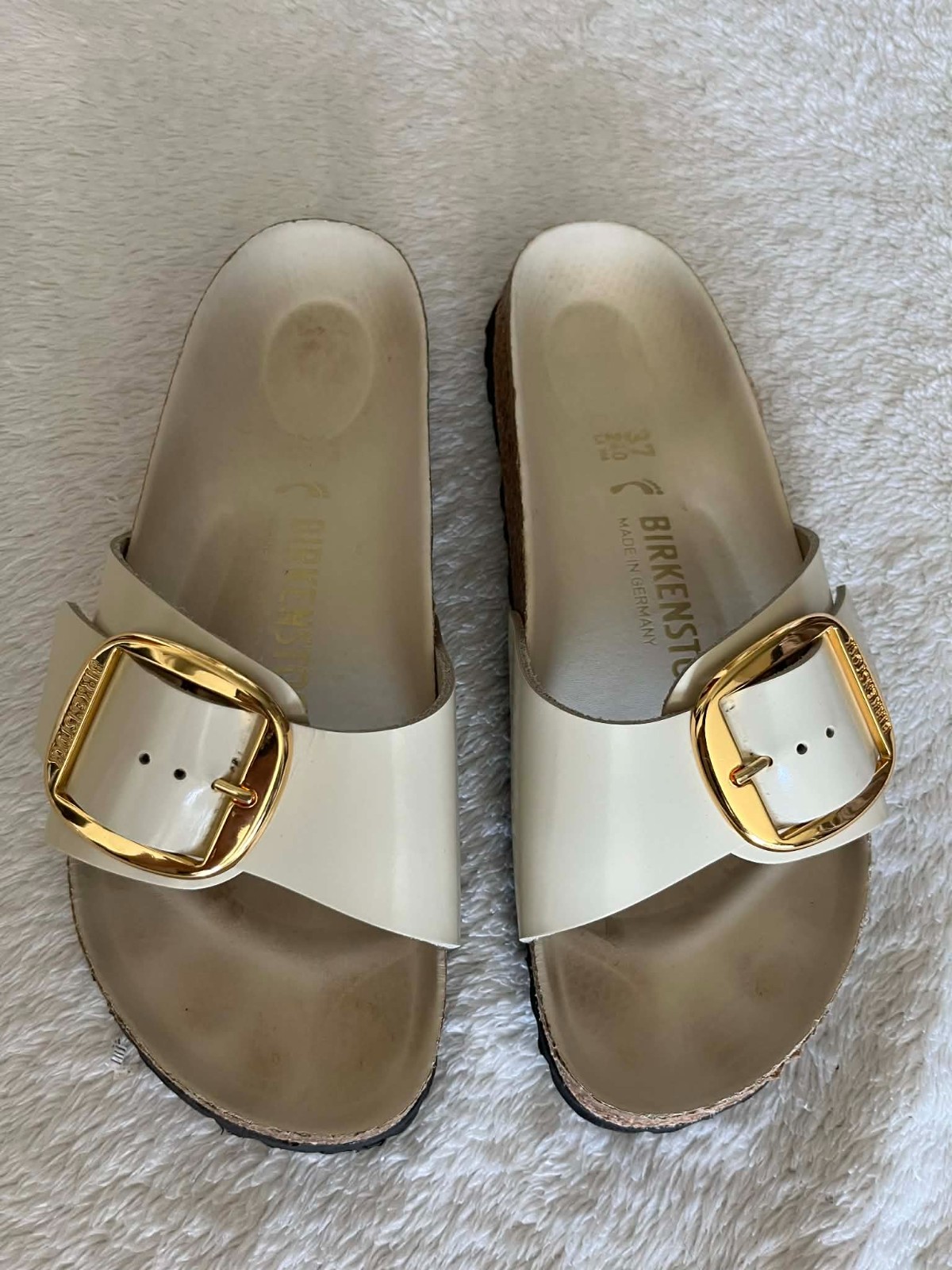 Birkenstock Madrid Big Buckle Sandals in a high shine ecru Women’s size 6.5