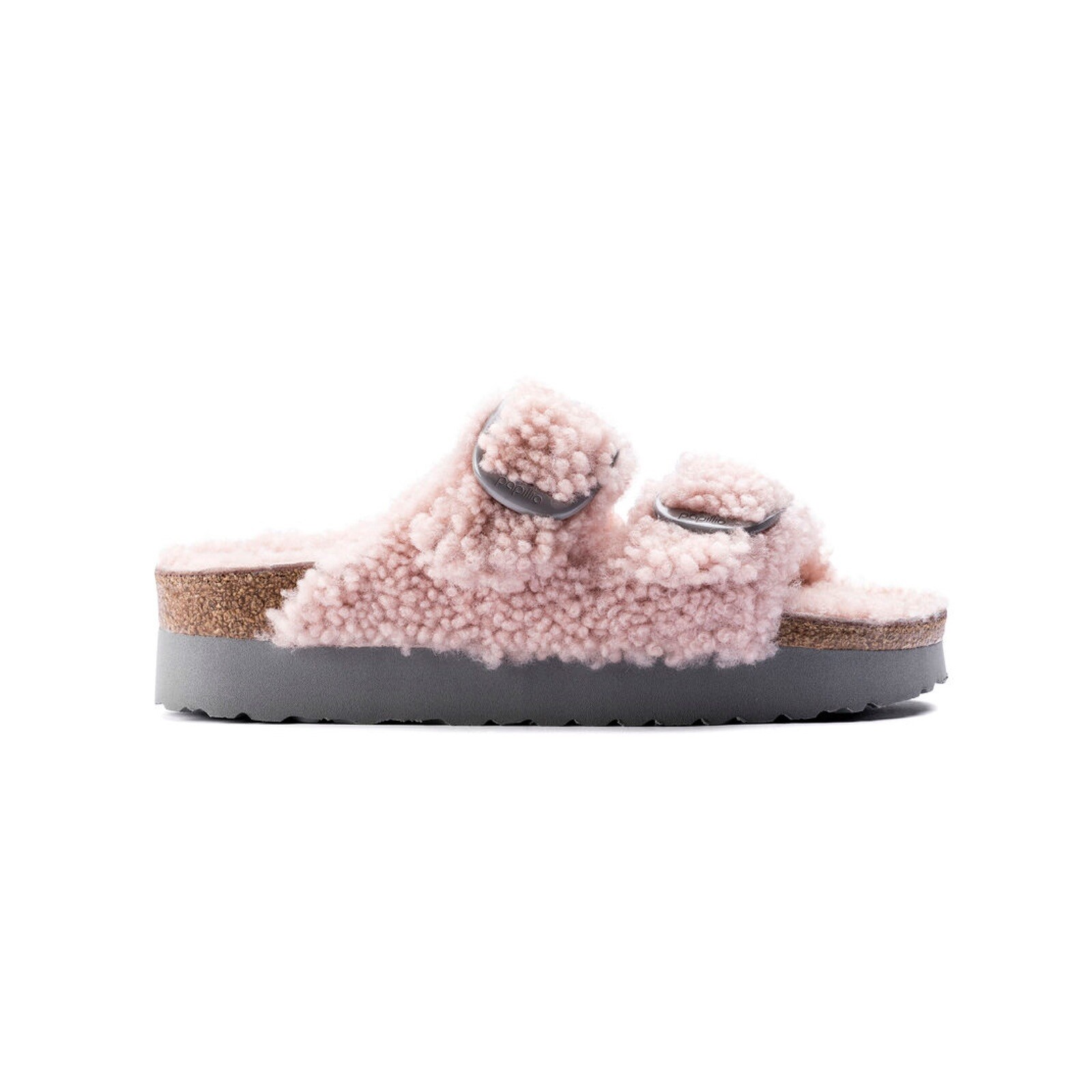 Birkenstock Papillio Arizona Teddy Shearling Fur Platform Sandals Crystal Rose
