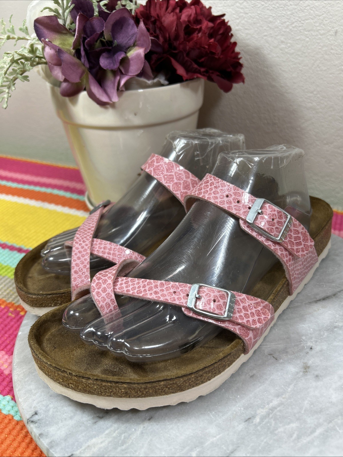 Birkenstock Mayari Pink Sparkly Metallic Snake Print Leather Women’s EU 40 US 9