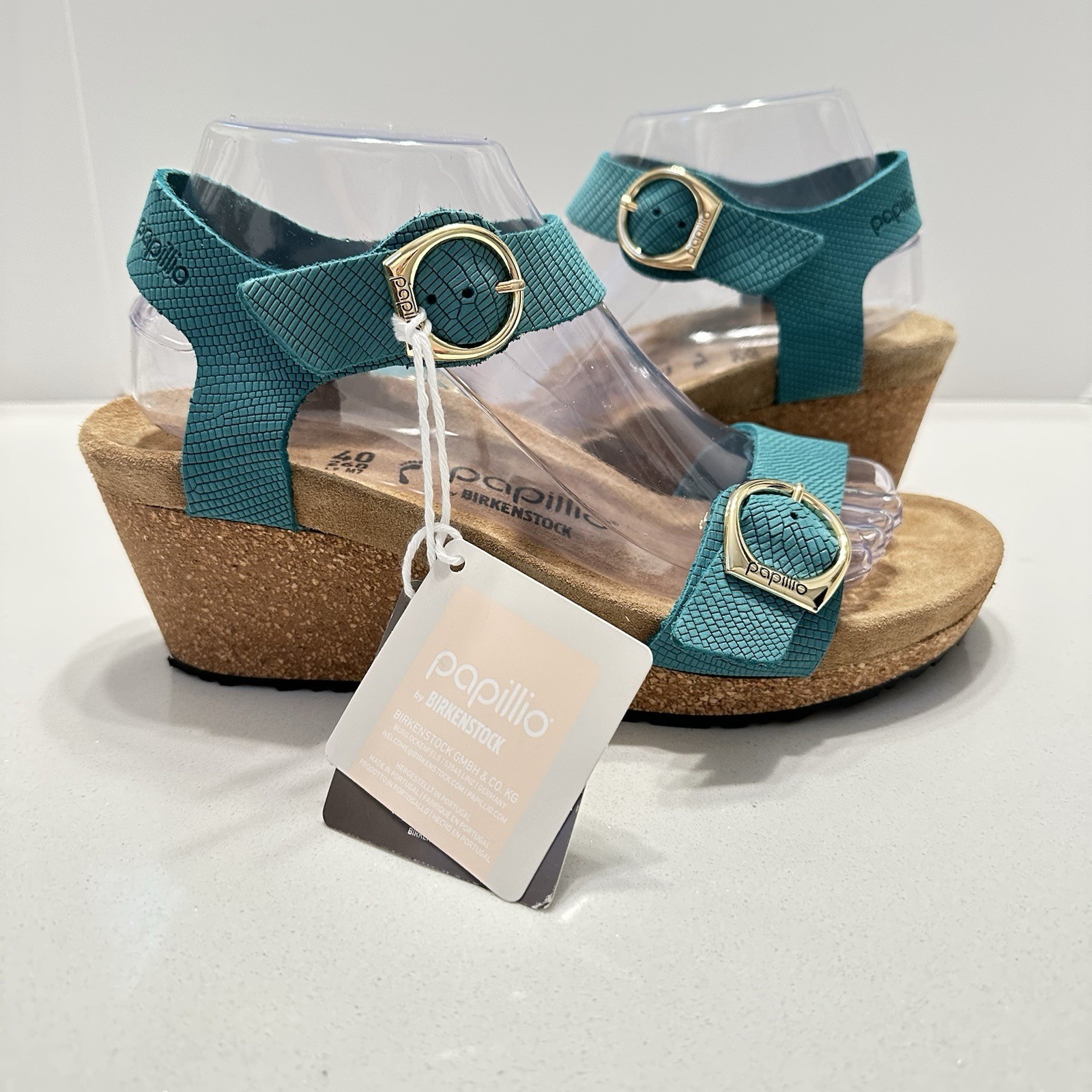 Birkenstock Papillio Wedge Soley Embossed Leather Sandal Biscay Bay Size 40 / 9