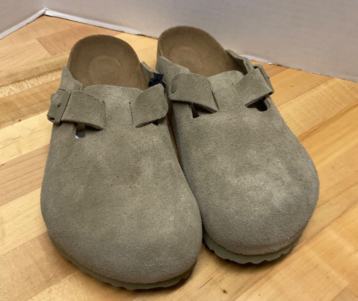 Birkenstock Boston Clog Taupe Suede Leather Soft Footbed Slippers Sz 42 *read