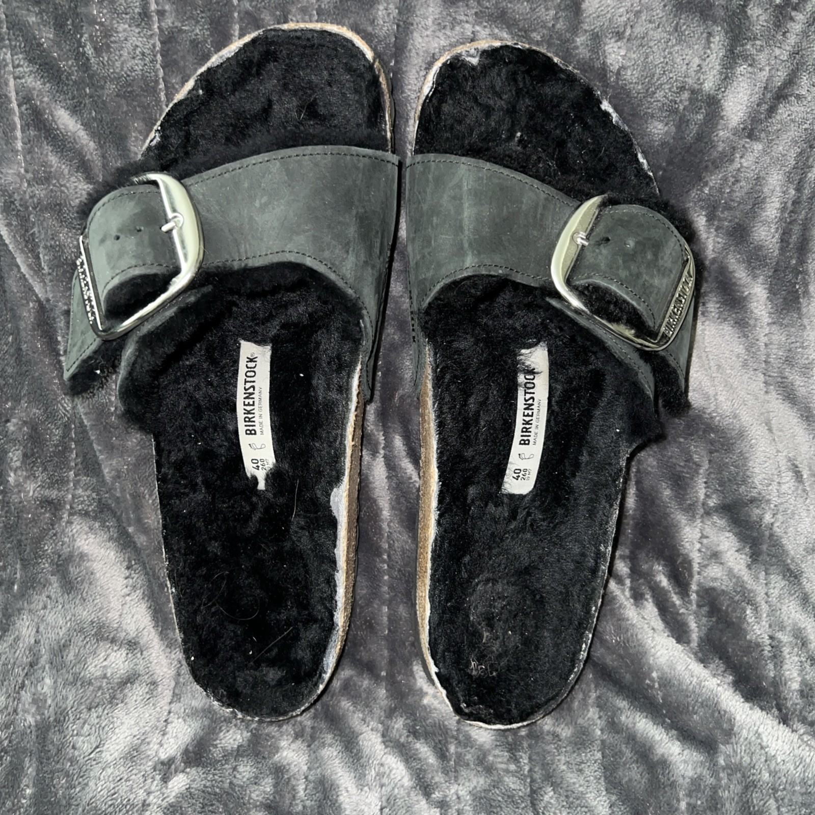 Birkenstock Madrid Big Buckle Shearling Sandals Black Suede Fuzzy Slides 40 US 9