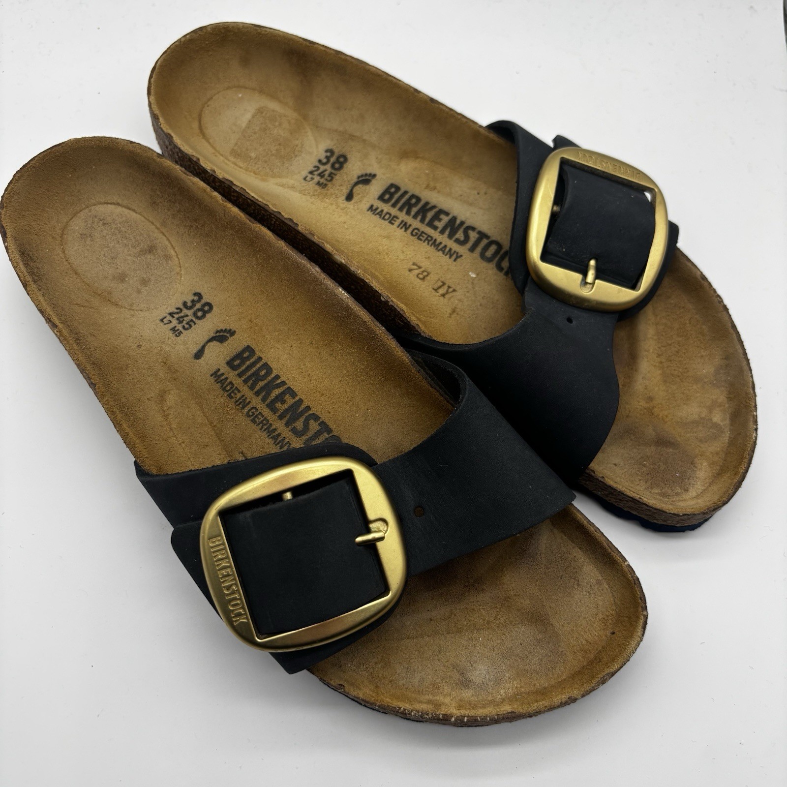 Birkenstock Madrid Big Buckle Women Sandals Nubuck Leather Navy Gold EU 38 US 7