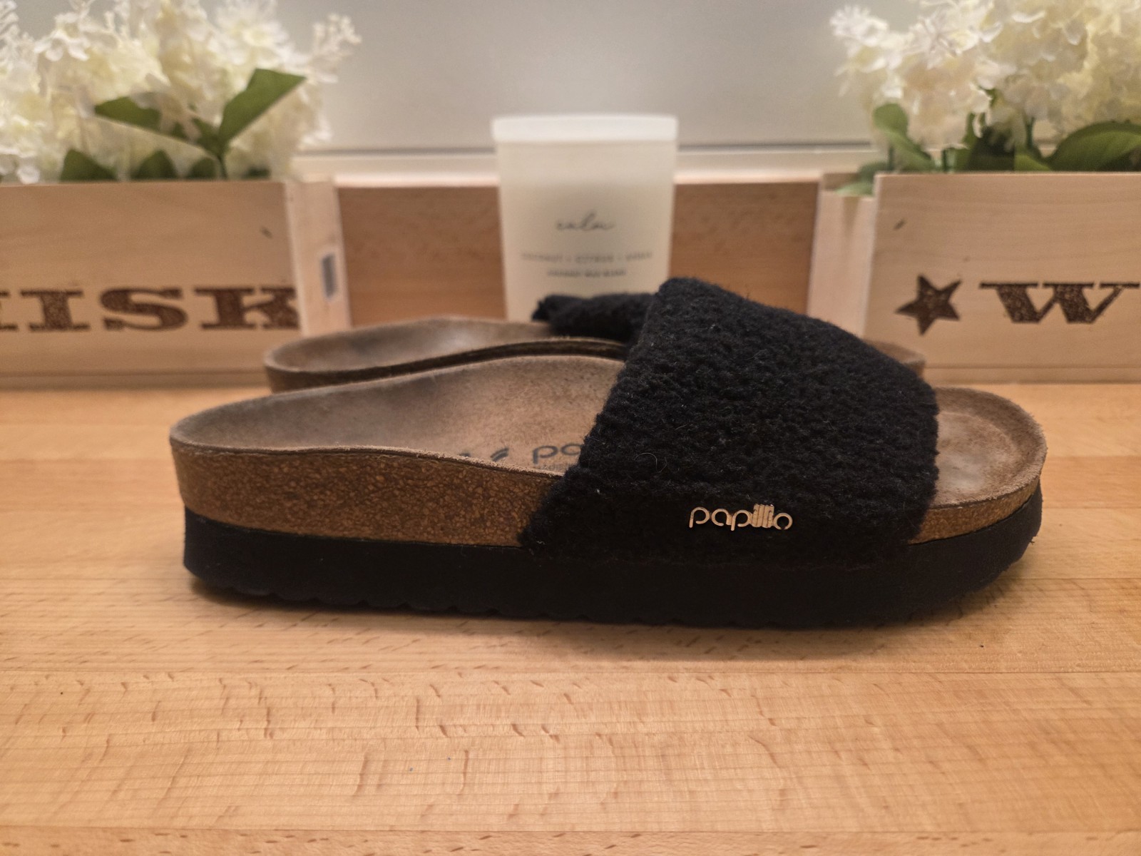 Birkenstock Papillio Cora Platform Sandal Black Teddy Fleece Womens Size 40