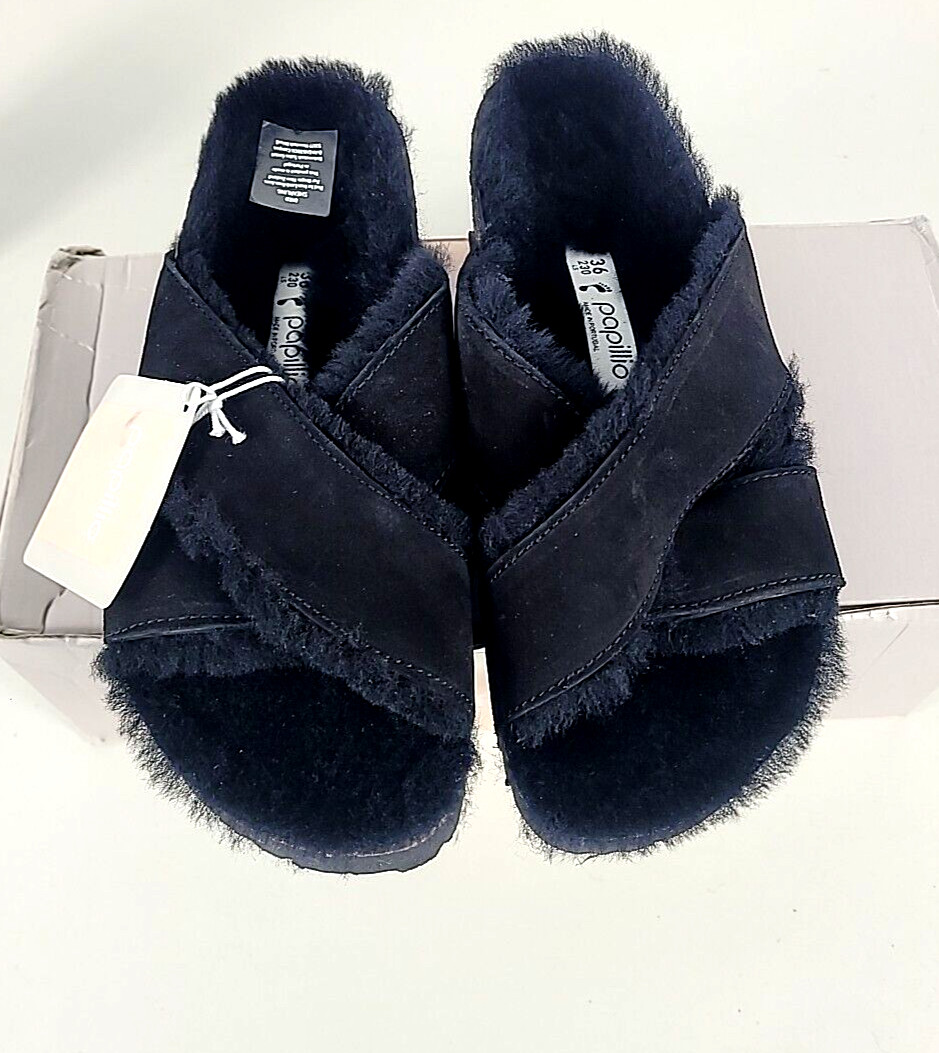 Birkenstock Papillio DAYTONA Black Suede Shearling Sandals Sz 36 /US 5 NARROW