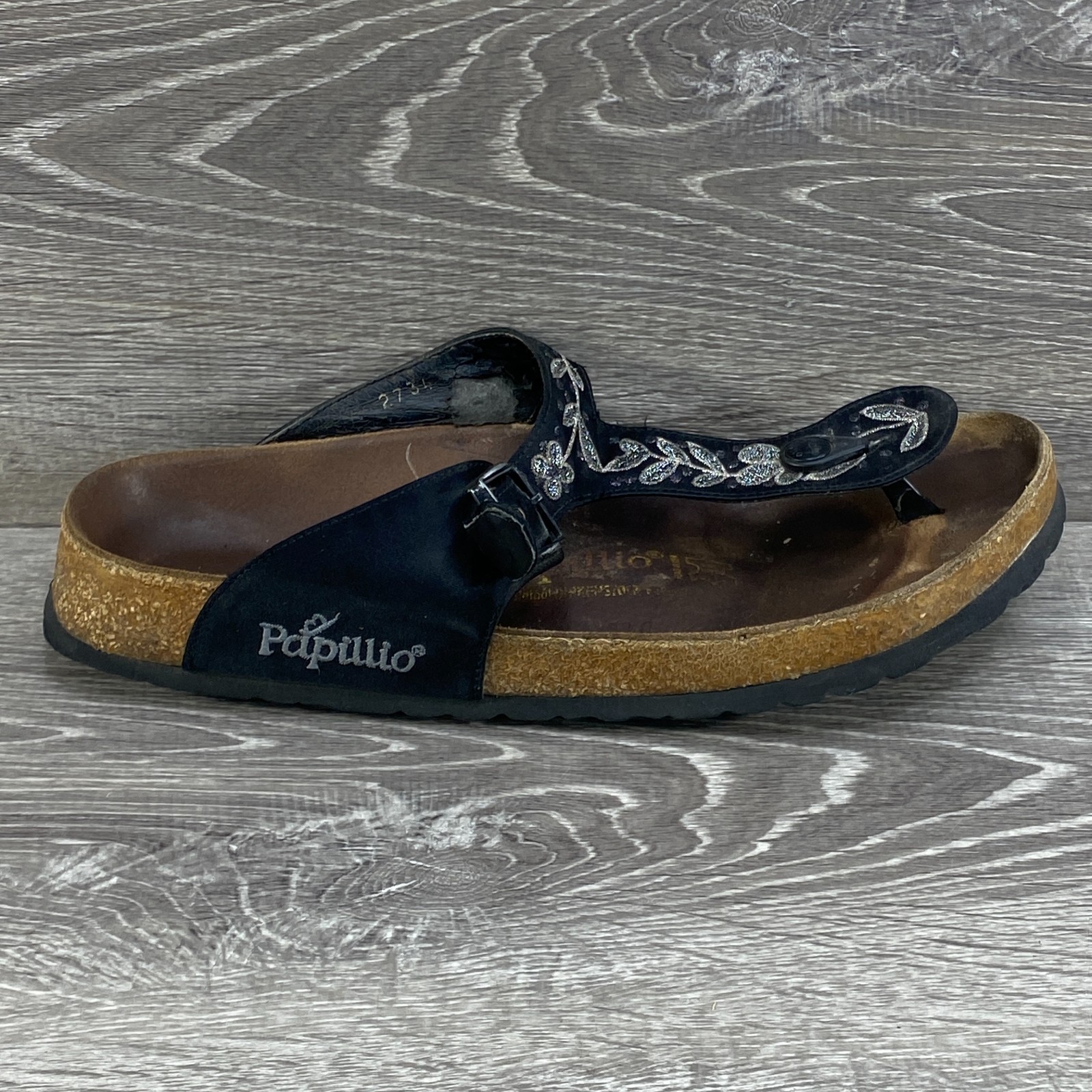 Birkenstock Papillio Flip Flop Sandals Womens 10 Black Gizeh Flowers Buckle