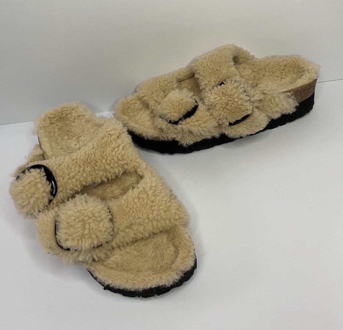Birkenstock Papillio Teddy Shearling Arizona Big Buckle Slide Sandals Women 7 38