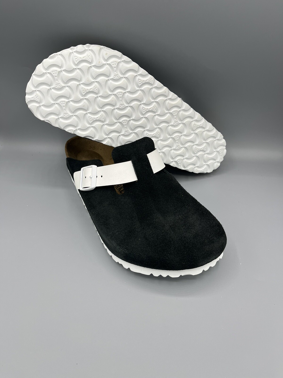 MEN’S BIRKENSTOCK BOSTON SUEDE LEATHER BIRKO-FLOR CLOGS BLACK WHITE