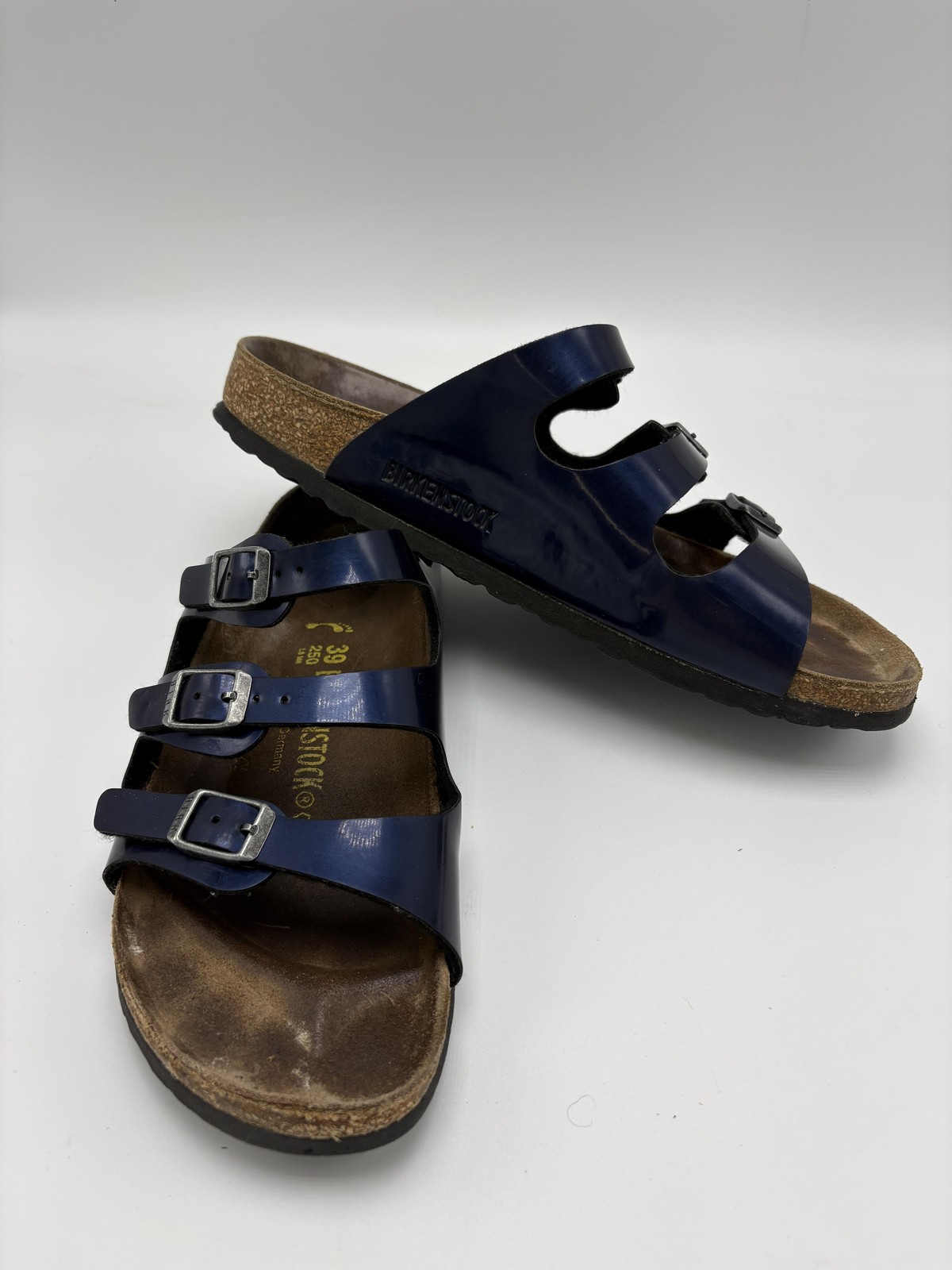 Birkenstock Florida Sandals Womens Size 8 39 Blue Patent Triple Strap Comfort