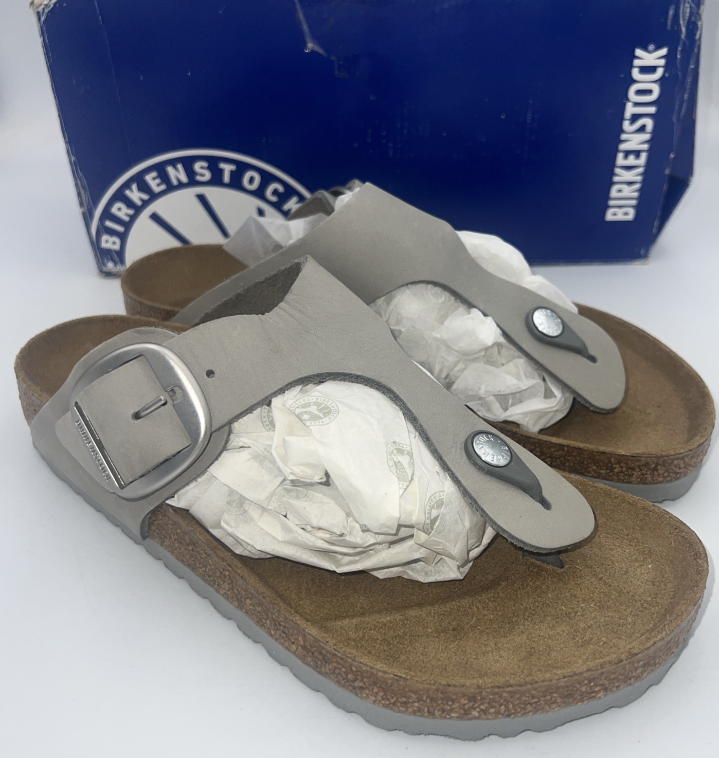 Birkenstock Gizeh Big Buckle Dove Gray Nubuck Leather EU39 Regular Fit NEW Box