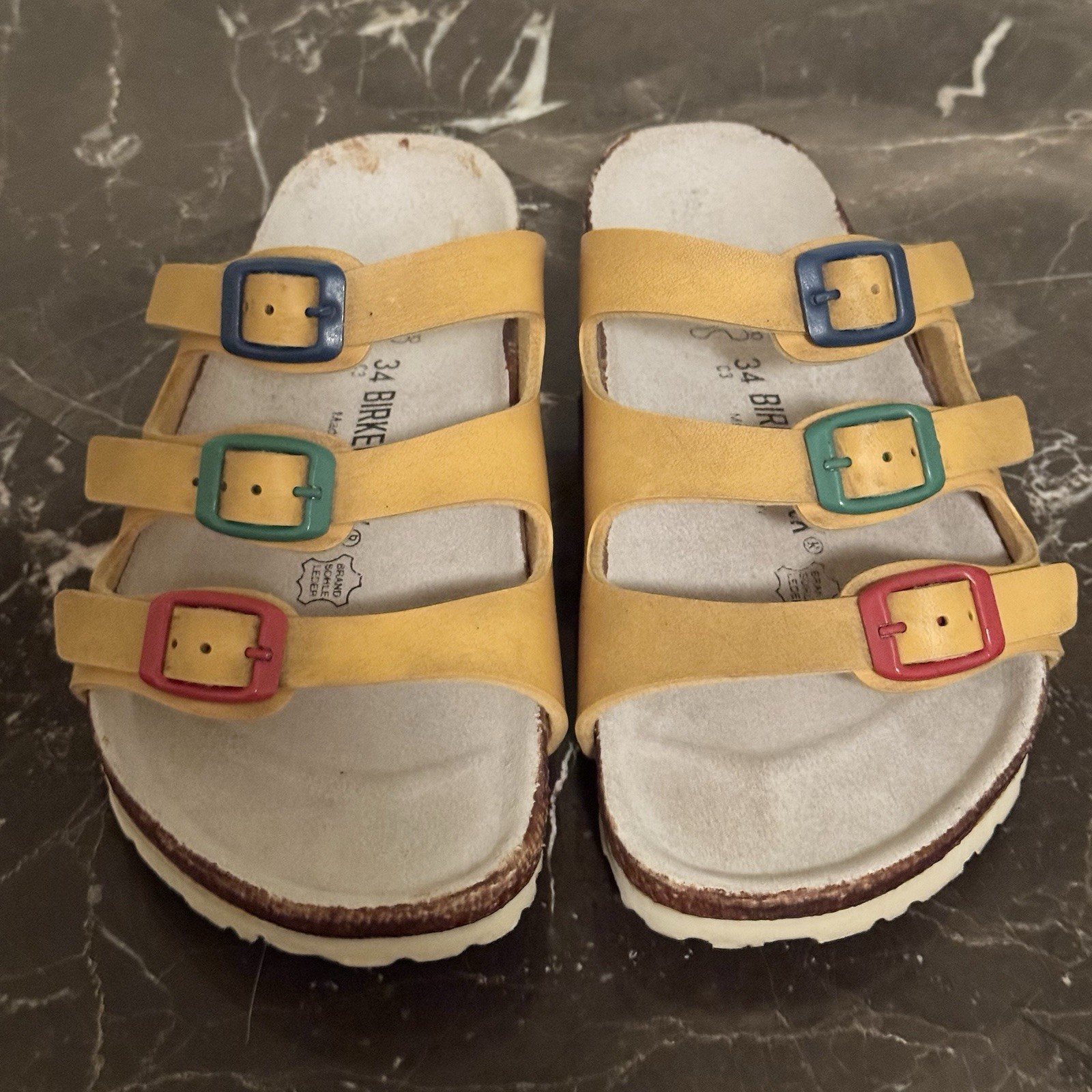 Birkenstock Florida Youth 3 Strap Yellow Sandal Multi Color Buckle Size 34 US 3