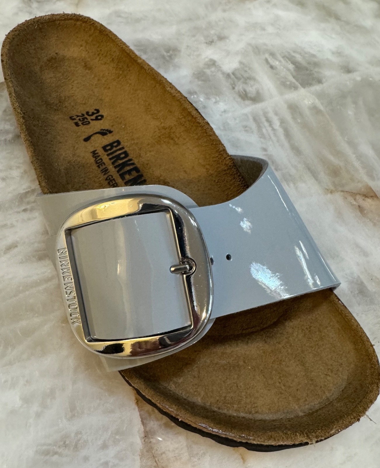 BIRKENSTOCK MADRID BIG BUCKLE BIRKO-FLOR PATENT ALLOY GRAY 39 L 8 Narrow