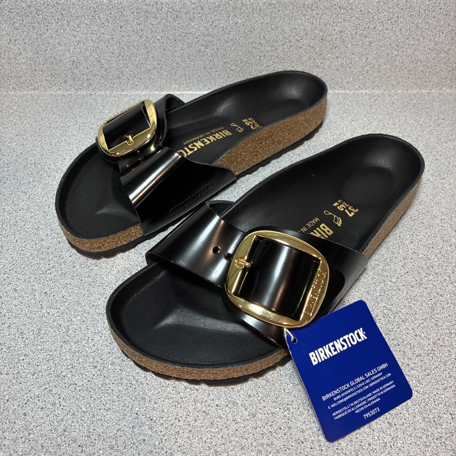 Birkenstock Madrid Big Buckle 37 Wide Regular Shine Black Gold Leather Sandals