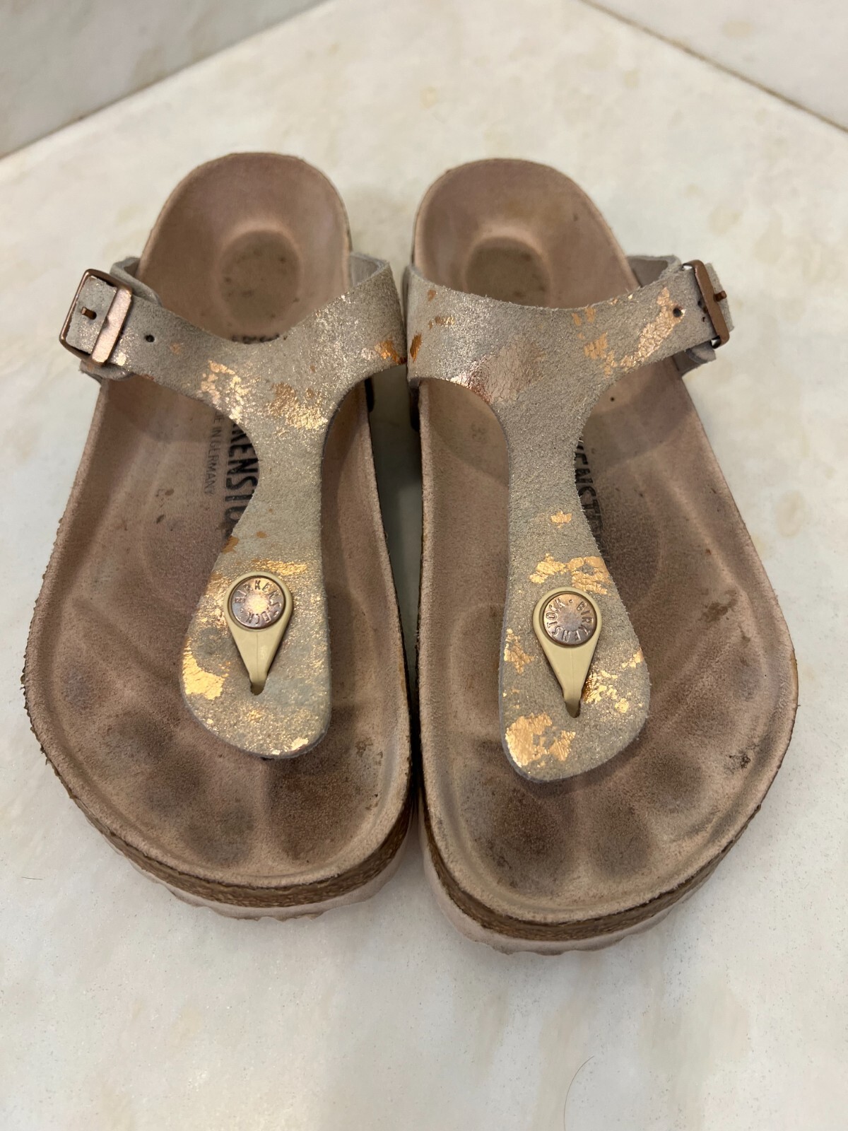 Birkenstock Gizeh Vintage Metallic Rose Leather Suede Size 37 EUC