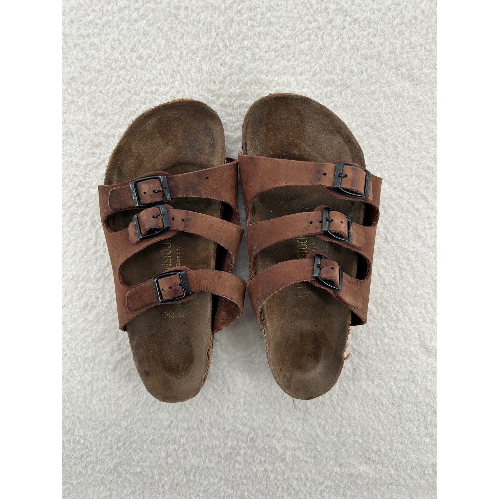 Birkenstock Florida Leather Sandals Brown 3-Strap Slides Womens 41 See Flaws.