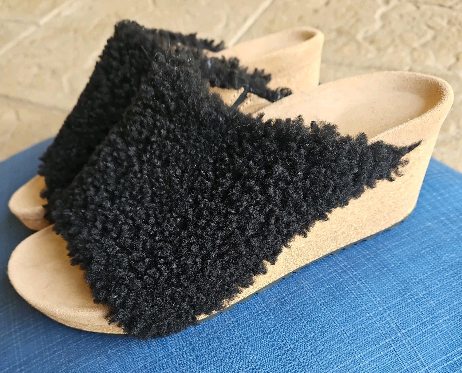 Birkenstock Papillio Namica Teddy Shearling Fur Wedge Mules Black- 9 Narrow Fit