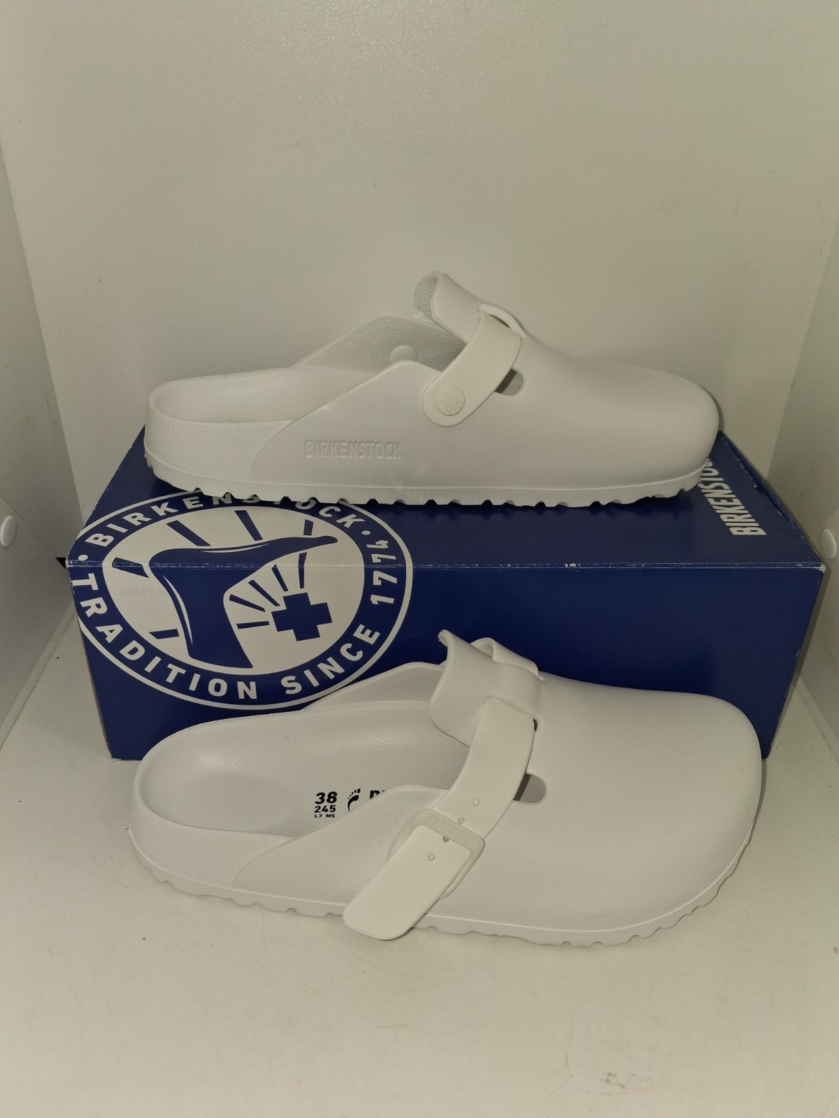 Birkenstock Boston Eva White Clogs SZ 38 Narrow Women’s 7 M 5 Sandals Mules NIB